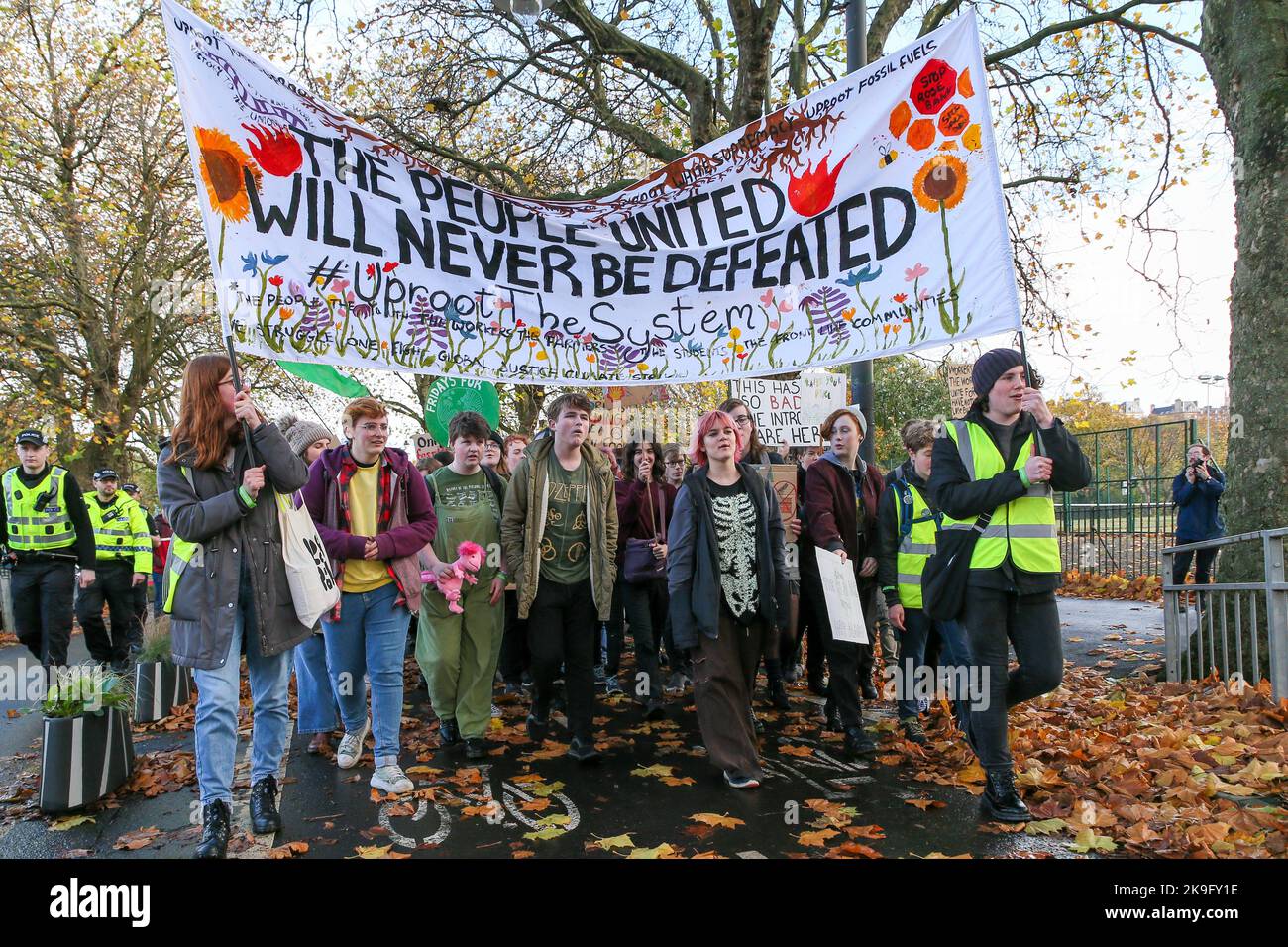 Glasgow, UK. 28th Oct, 2022. Several hundred Climate Activists took part in a demonstration through Glasgow in support of the 'Friday for Future' campaign for climate change. The pressure group, also known as 'Youth Strike 4 Climate' began in 2018 with GRETA THUNBERG and is now a youth led global climate strike movement. Credit: Findlay/Alamy Live News Stock Photo