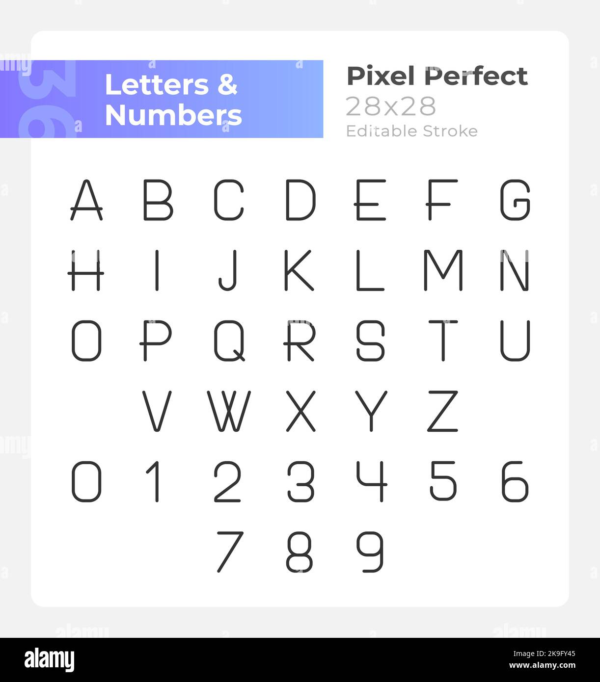 Numbers and letters pixel perfect linear icons set Stock Vector