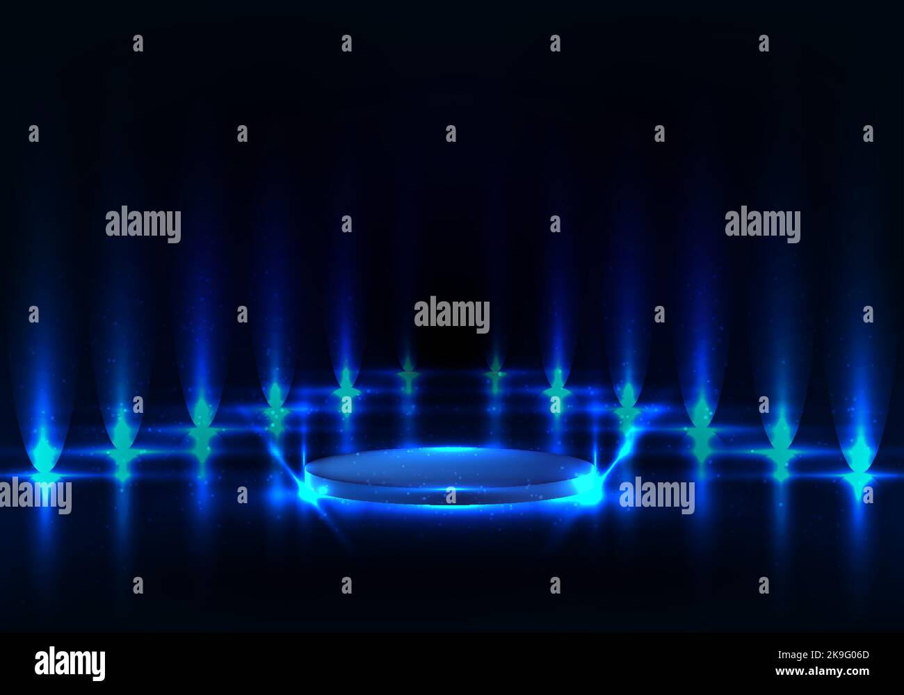 3D realistic pedestal podium with blue lighting illuminate and reflect surface on dark walk way background. Vector illustration Stock Vector
