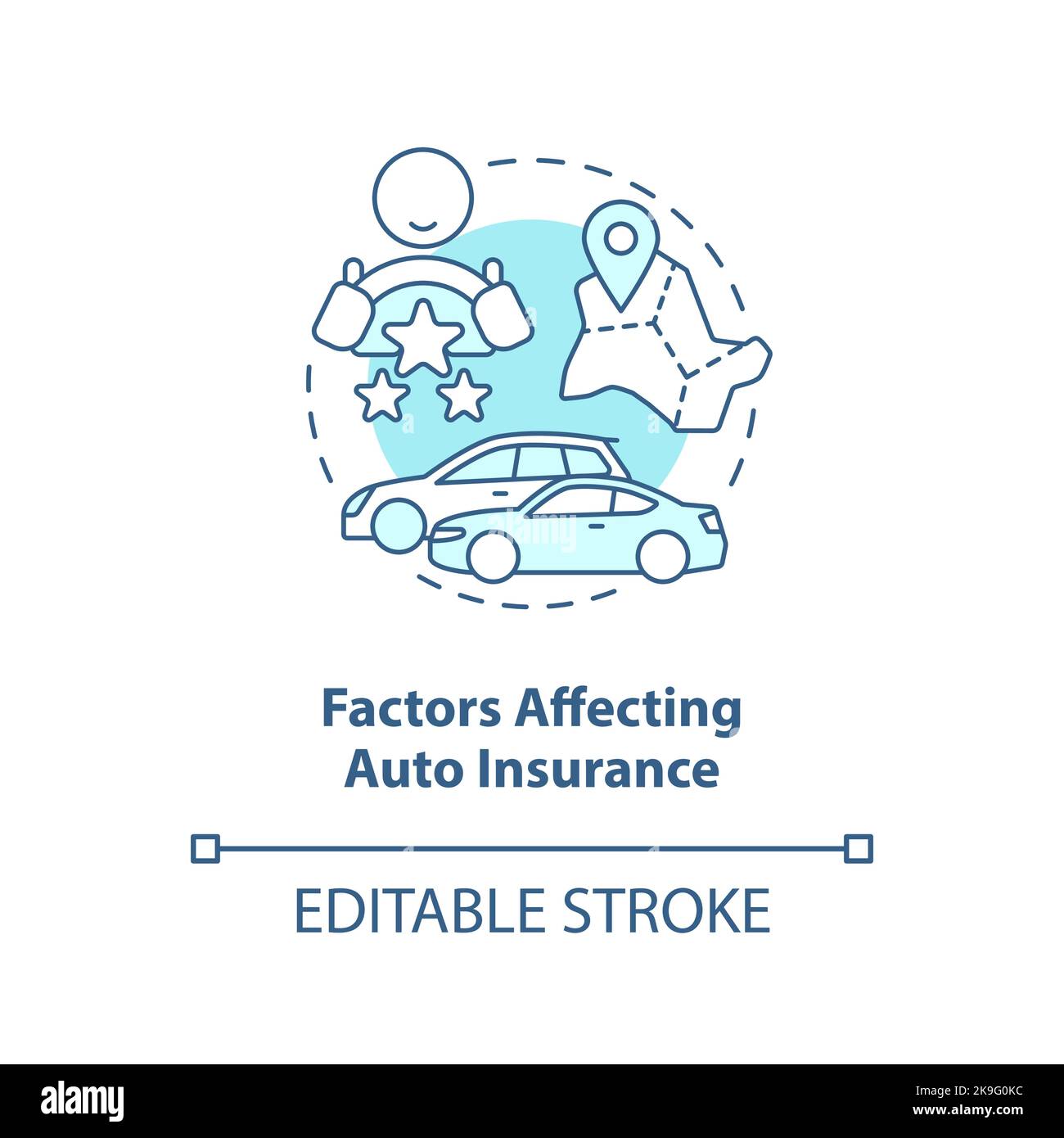 Factors affecting auto insurance turquoise concept icon Stock Vector
