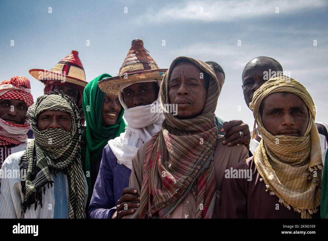 African tribes, Nigeria, Borno State, Maiduguri city. Members of Fulani tribe traditionally dressed in colorful clothing at tribal gathering Stock Photo
