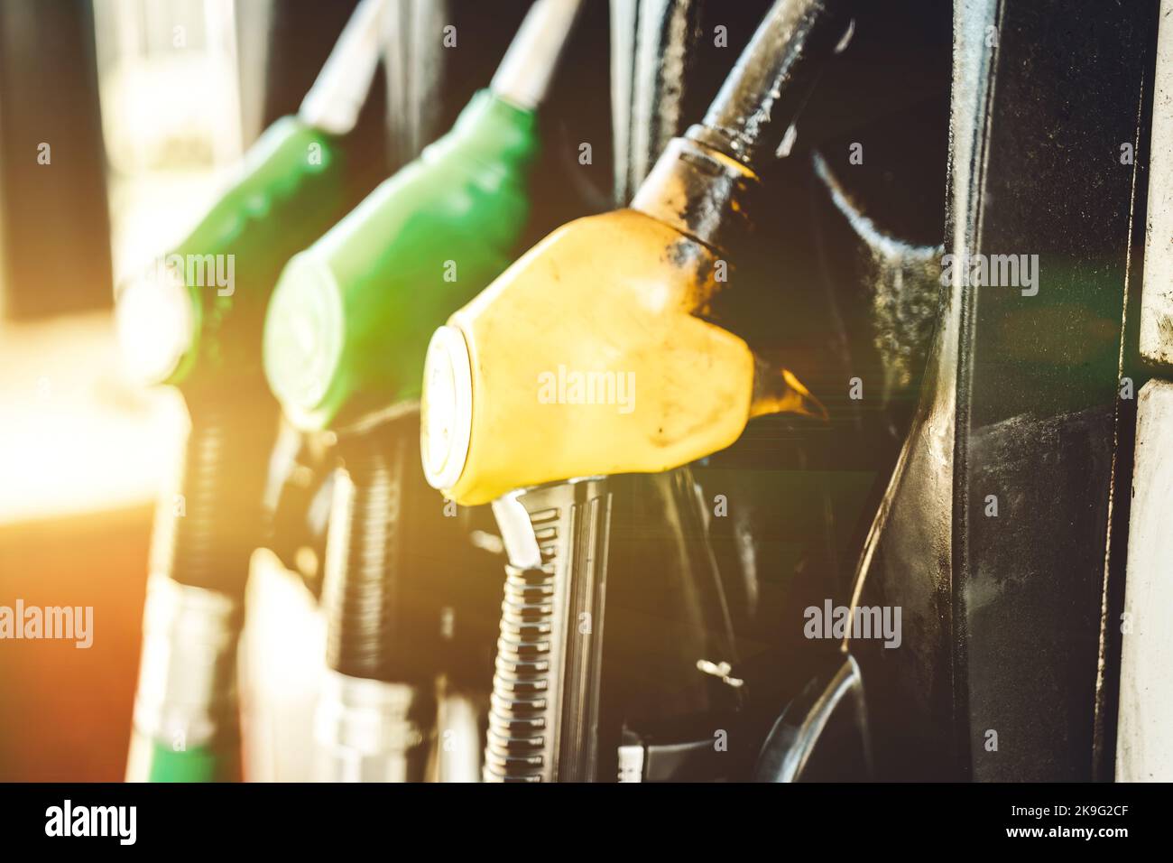 Petrol pump filling nozzles at Gas station Stock Photo Alamy