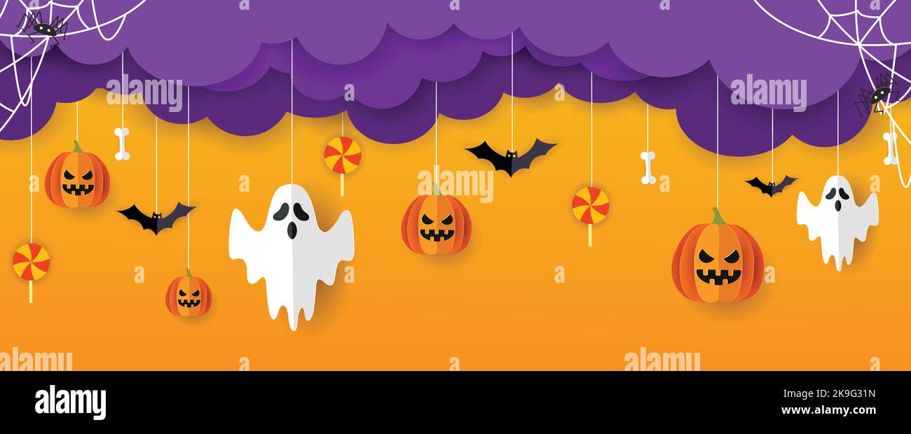 Halloween banner vector. Happy Halloween banner background with clouds, bats, ghost, web and pumpkins in paper cut style. Orange background. Stock Vector
