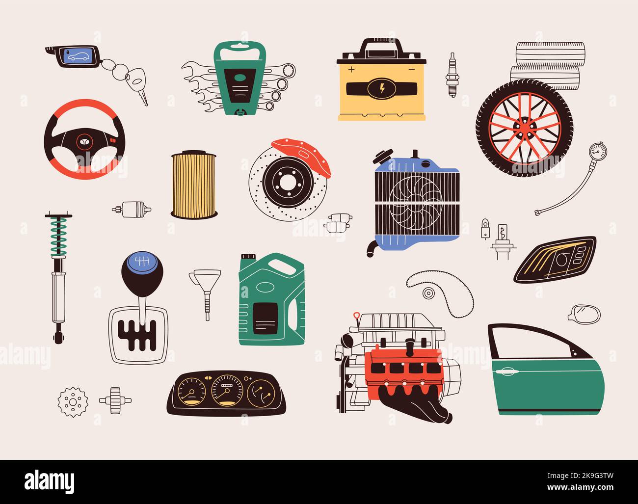 Flat design vector illustration of car parts, spares and accessories. Set includes auto parts such as engine, gearbox, transmission, wheel, battery. Stock Vector