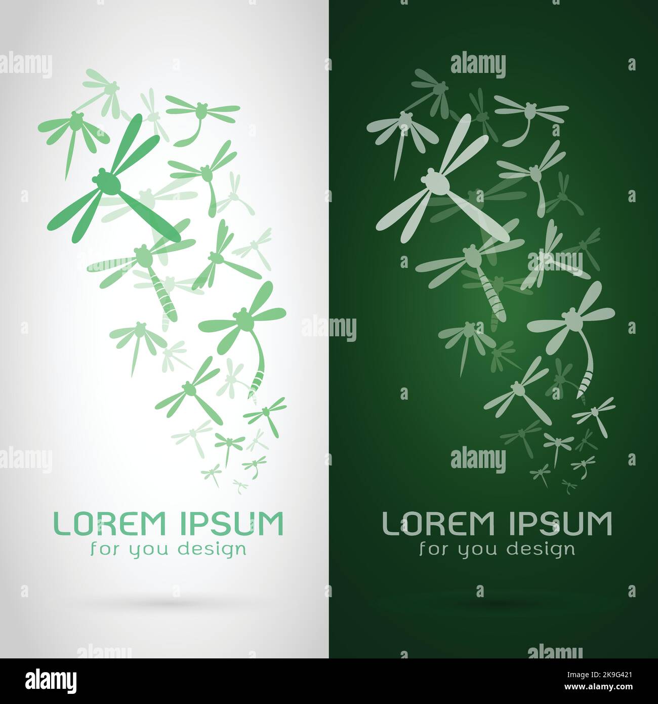 Vector image of dragonflies flock on white background and dark green ...