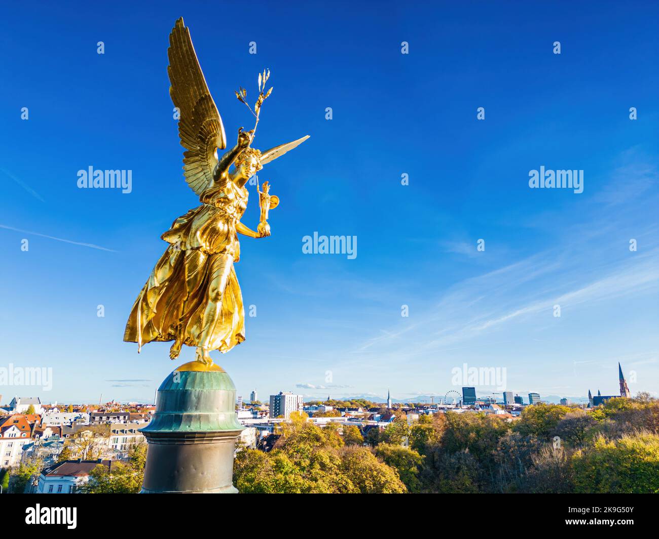 Famous golden Angel of Peace statue (Friedensengel) in Munich, Germany