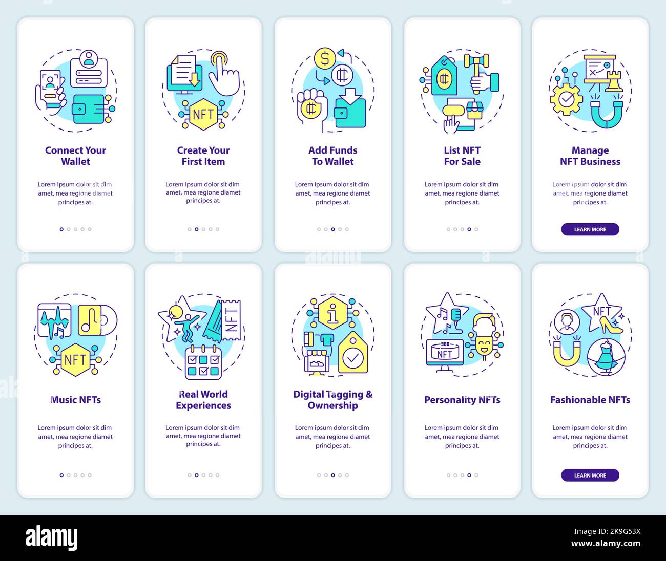 NFTs minting and trends onboarding mobile app screen set Stock Vector ...