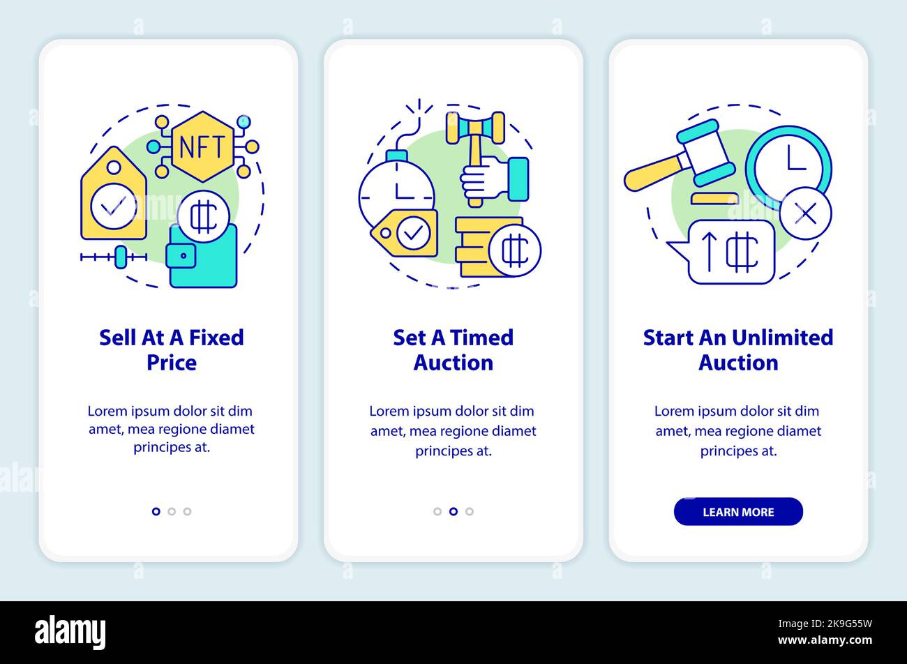 Ways of selling NFTs onboarding mobile app screen Stock Vector Image ...