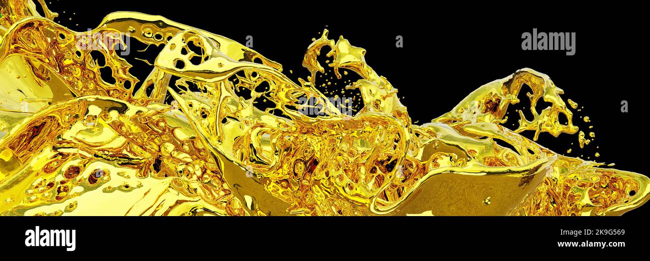 Liquid gold metallic dynamic glossy fluid abstract luxurious background.  Digital 3D illustration. Stock Illustration