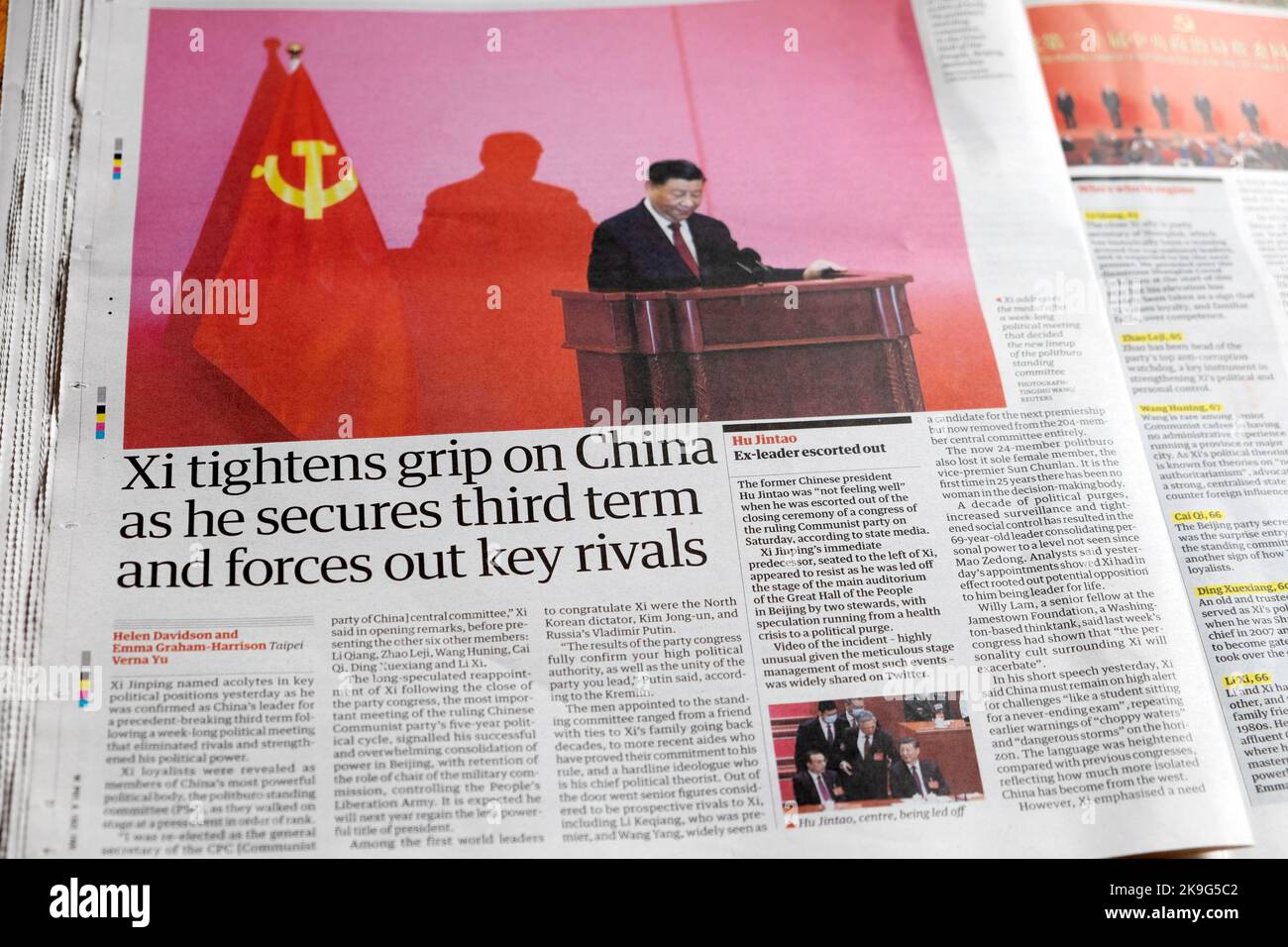 'Xi tightens grip on China as he secures third term and forces out key rivals' Guardian newspaper headline clipping 24 October 2022 London UK Britain Stock Photo
