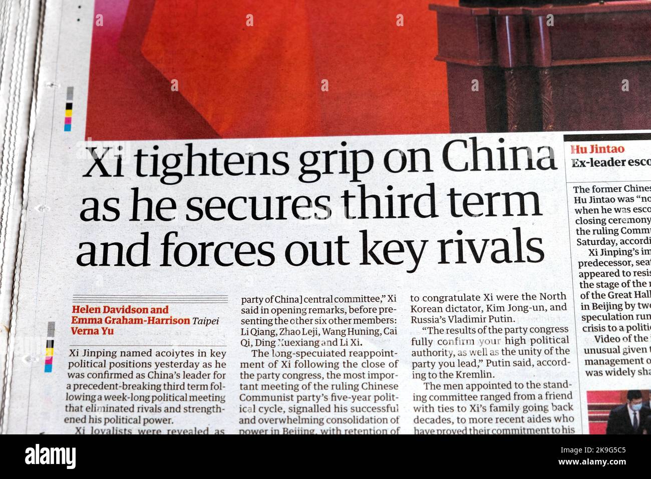 'Xi tightens grip on China as he secures third term and forces out key rivals' Guardian newspaper headline clipping 24 October 2022 London UK Britain Stock Photo