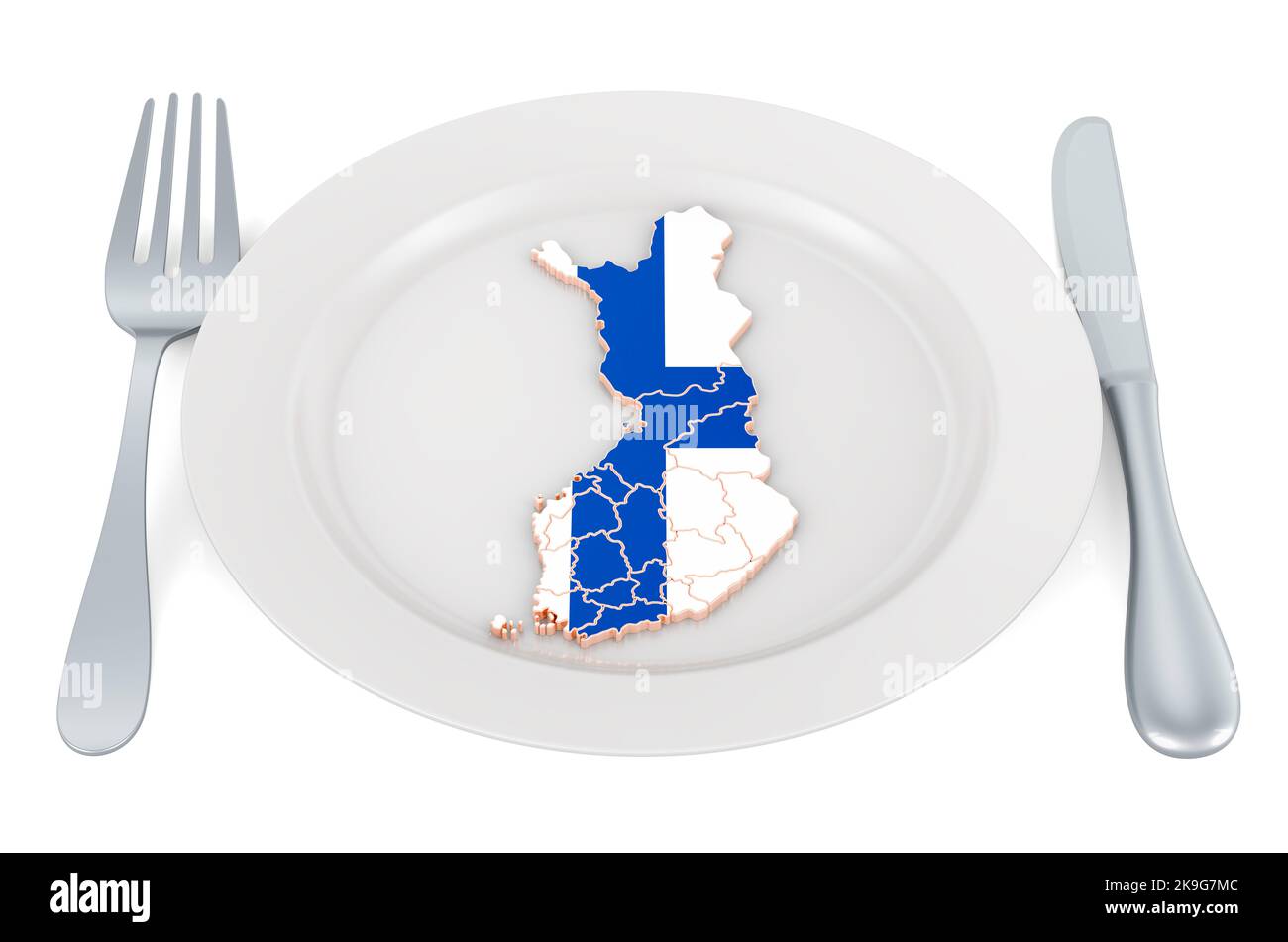 Finnish cuisine concept. Plate with map of Finland. 3D rendering isolated on white background Stock Photo