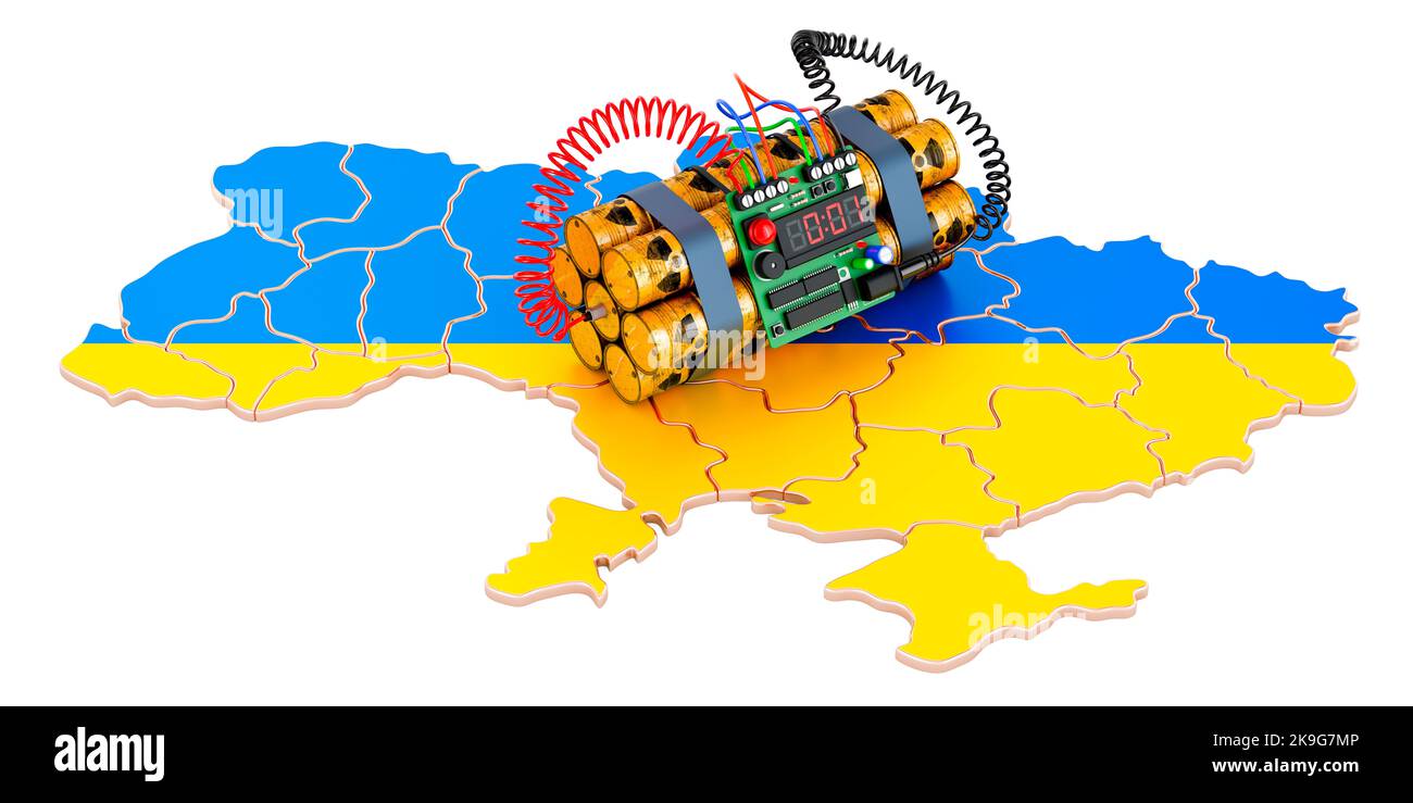 Dirty bomb on Ukrainian map. 3D rendering isolated on white background Stock Photo