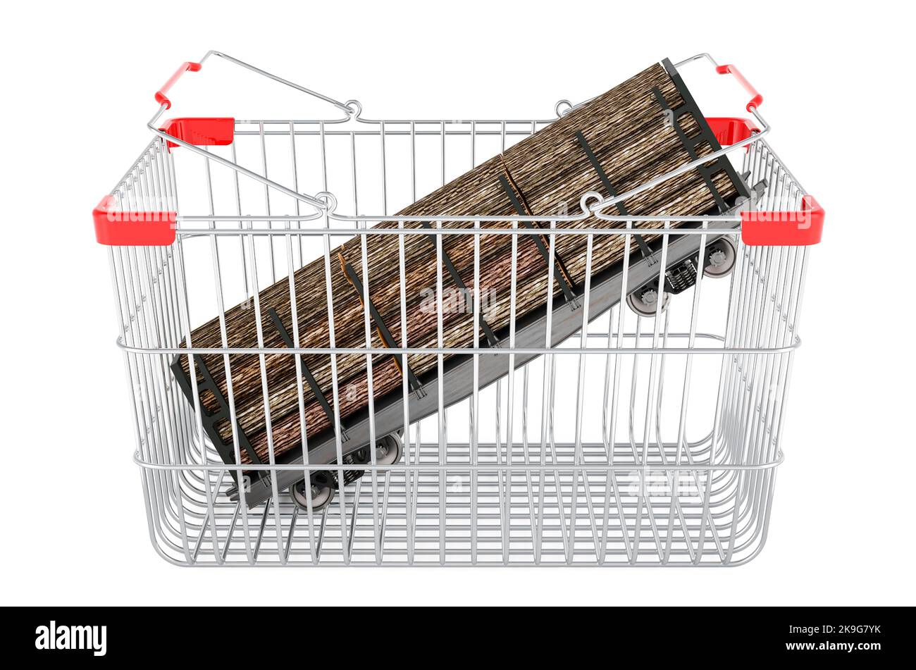 Shopping basket with goods wagon full of wooden logs, 3D rendering isolated on white background Stock Photo