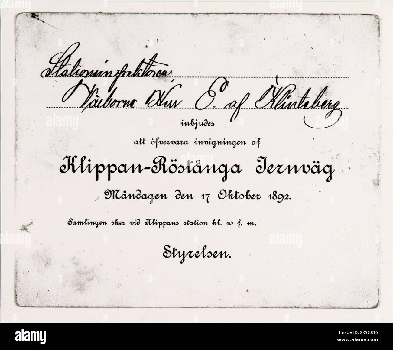 Invitation cards for Klippan-voting Railway inauguration. Stock Photo