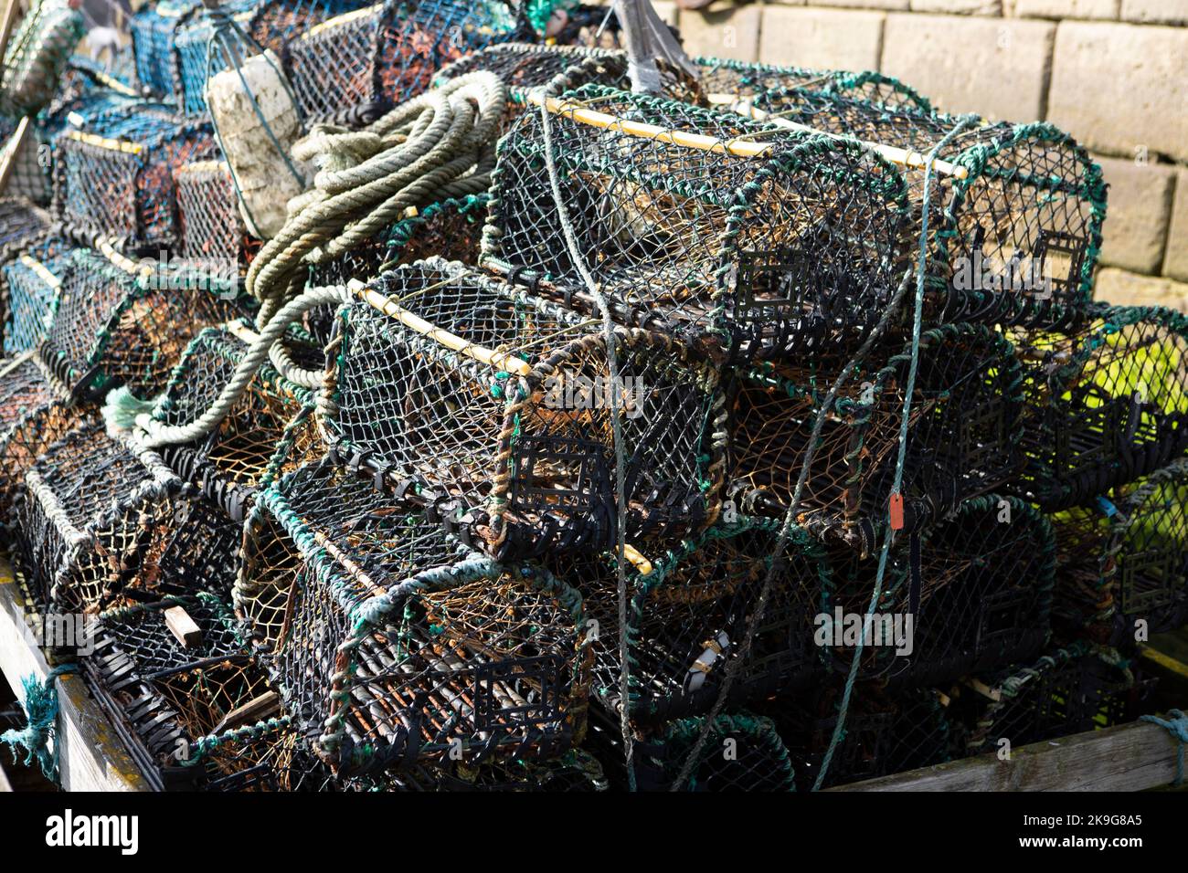Lobster Pots in the seaside port town of Hartlepool in County Durham. Stock Photo