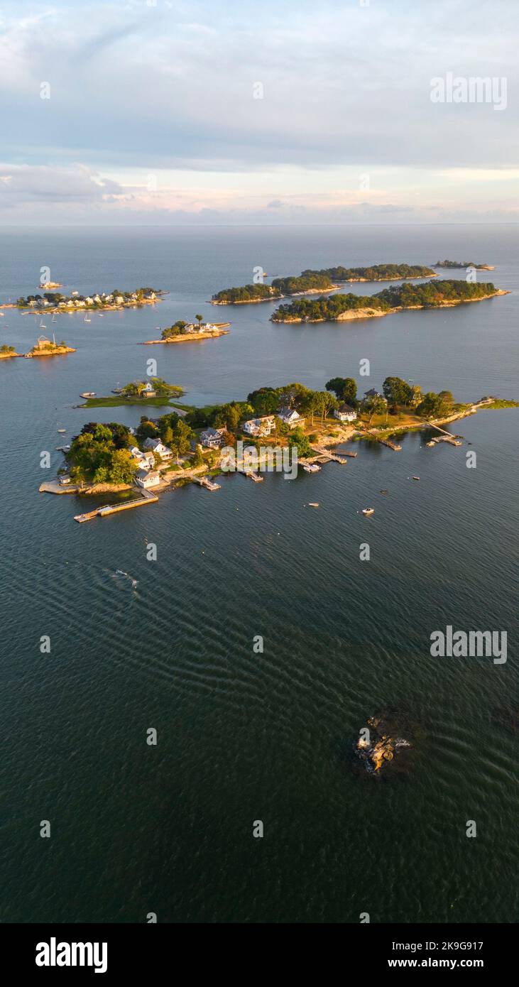 A vertical aerial shot of Thimble Islands in Branford with a beautiful