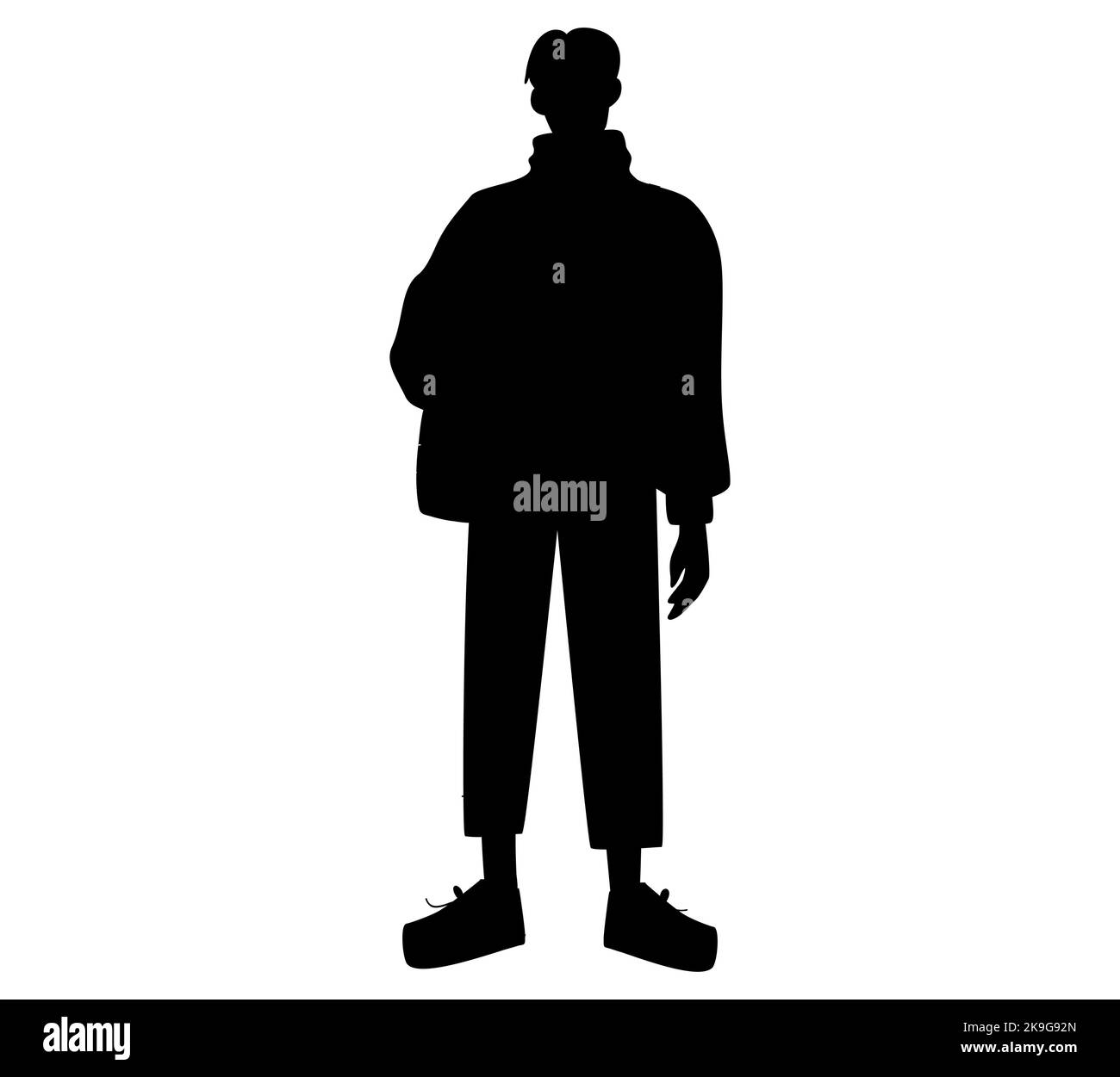 Man in a long coat or jacket standing with his hand in pockets, front view, isolated vector silhouette Stock Vector