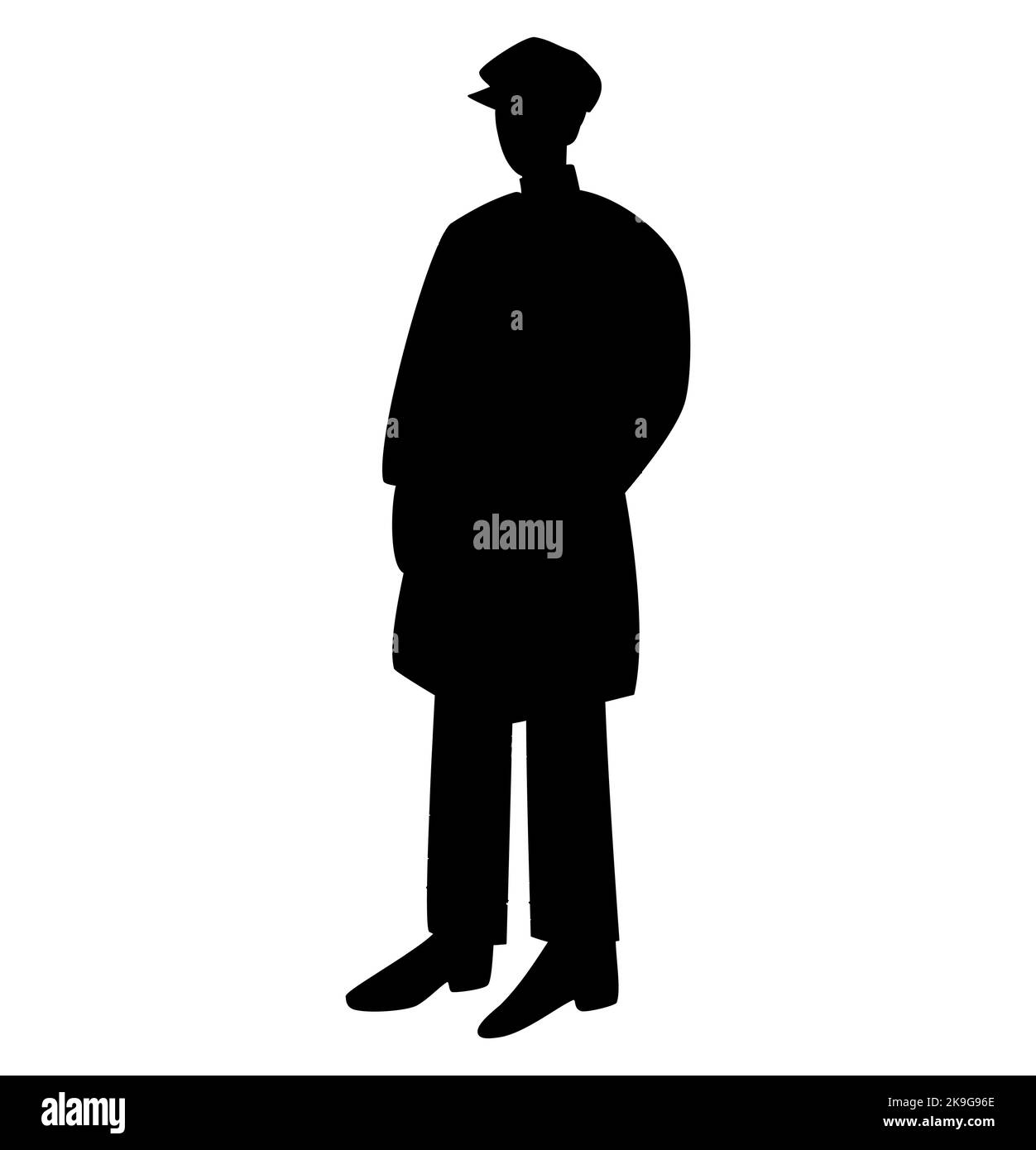 Man in a long coat standing with hands in his pocket, side view, isolated vector silhouette Stock Vector