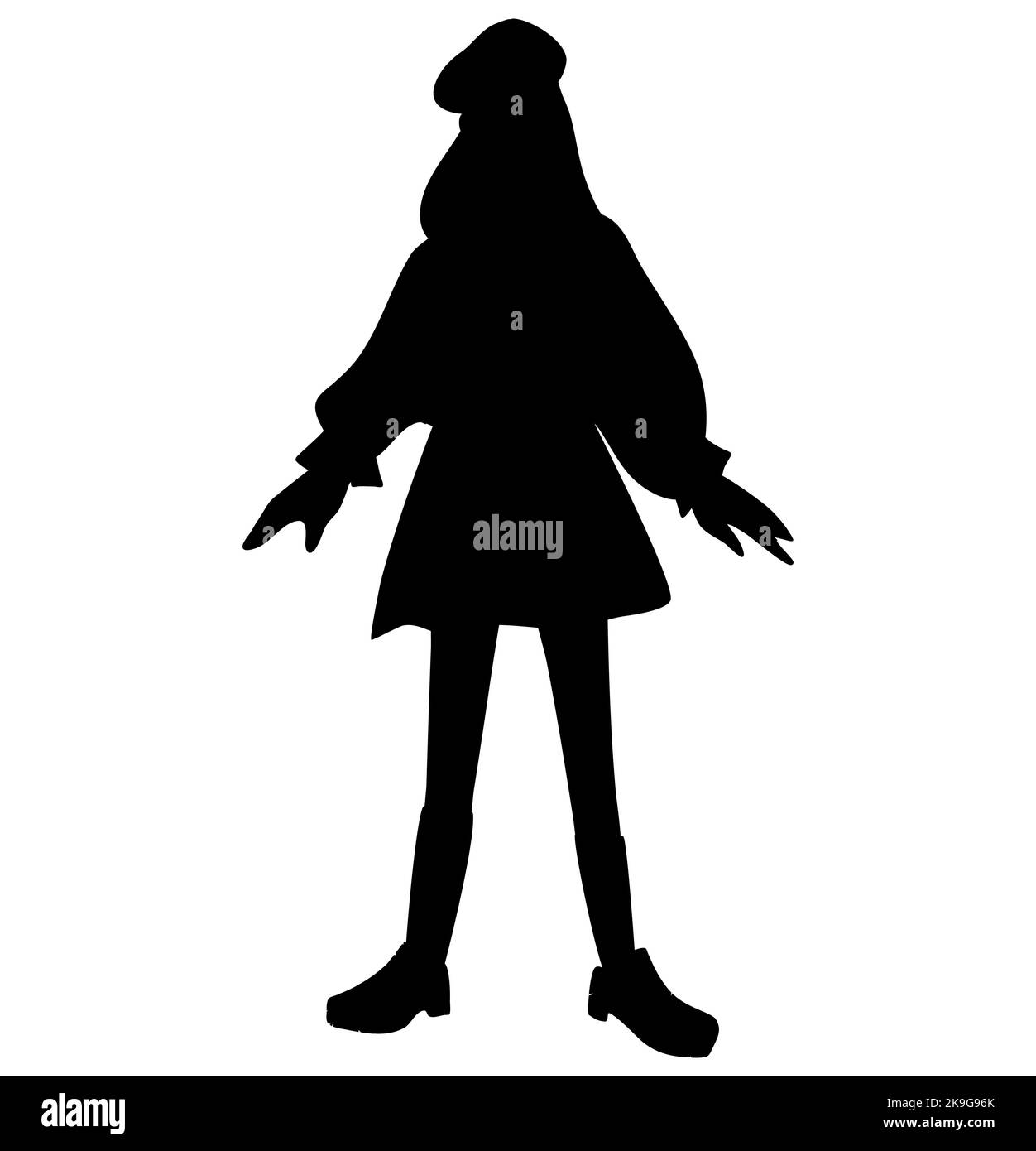 Black silhouette of a stylish girl with a hat, modern teenager, Victorian clothes, a woman in a dress Stock Vector