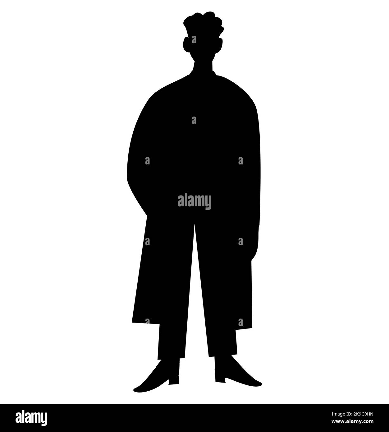 Man in a long coat or jacket standing with his hand in pockets, front view, isolated vector silhouette Stock Vector