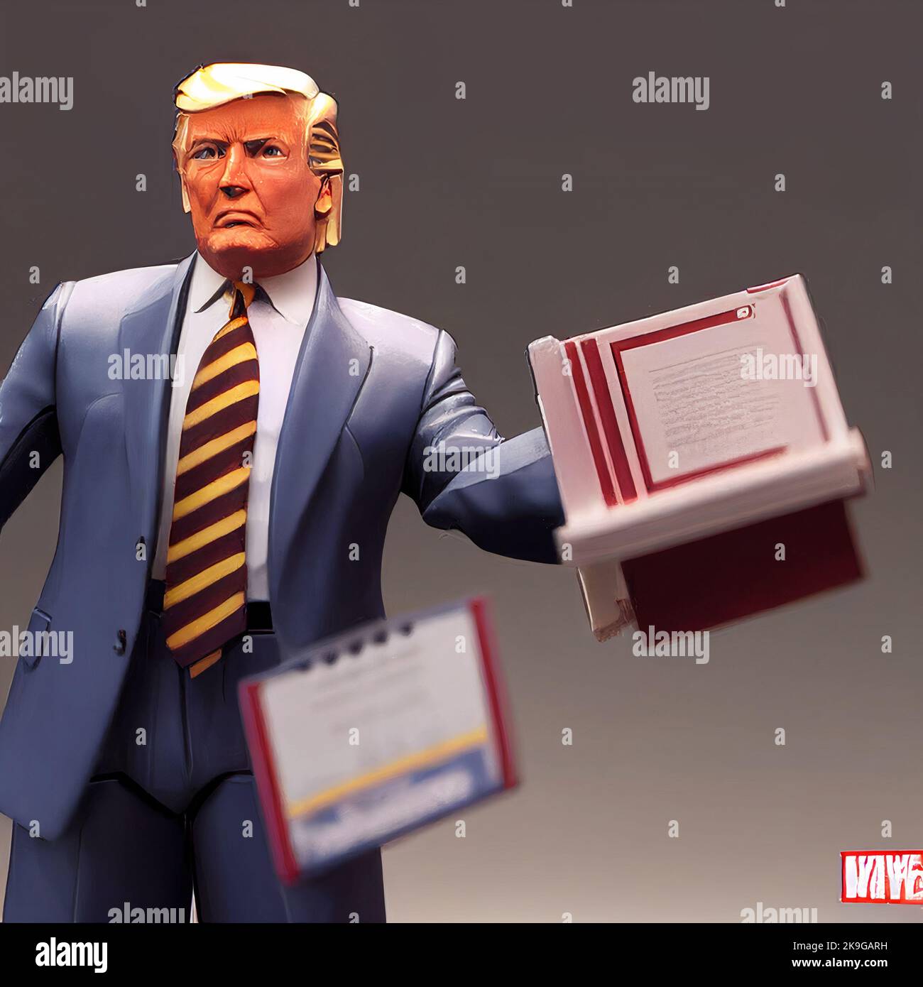 An illustrative artwork of Donald Trump with classified documents against a gray background Stock Photo