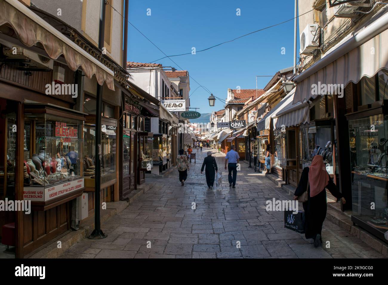 Shops and streets in the Old Bazaar section of Skopje, North Macedonia ...