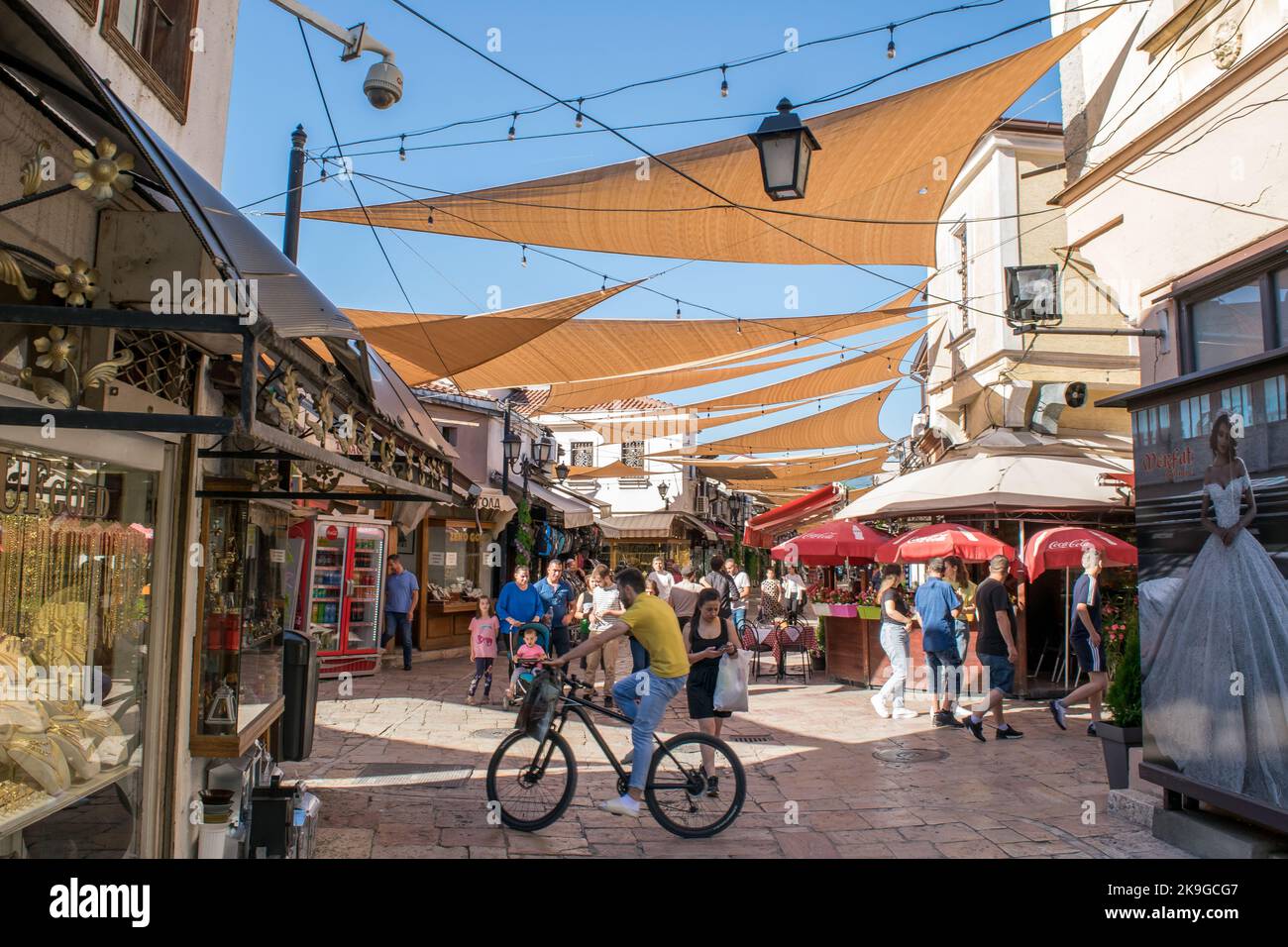 Shops and streets in the Old Bazaar section of Skopje, North Macedonia ...