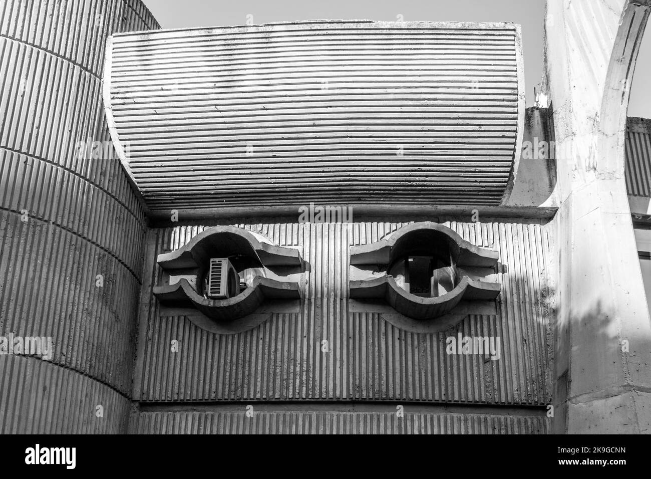 Features of Central Post Office in Skopje, North Macedonia, example of Brutalism in architecture, or Brutalist concrete building in former Yugoslavia Stock Photo