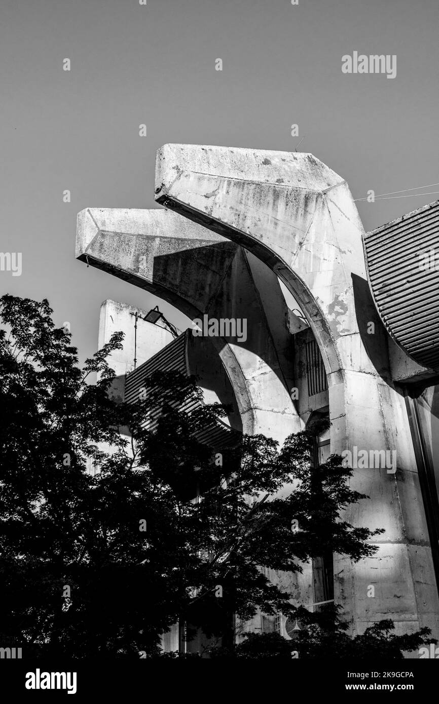 Features of Central Post Office in Skopje, North Macedonia, example of Brutalism in architecture, or Brutalist concrete building in former Yugoslavia Stock Photo