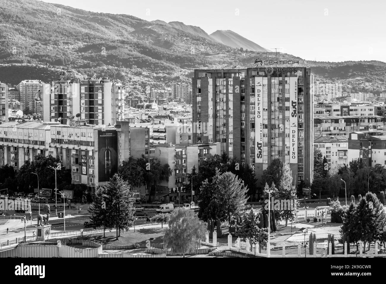 An elevated landscape view of the city of Skopje, capital of North