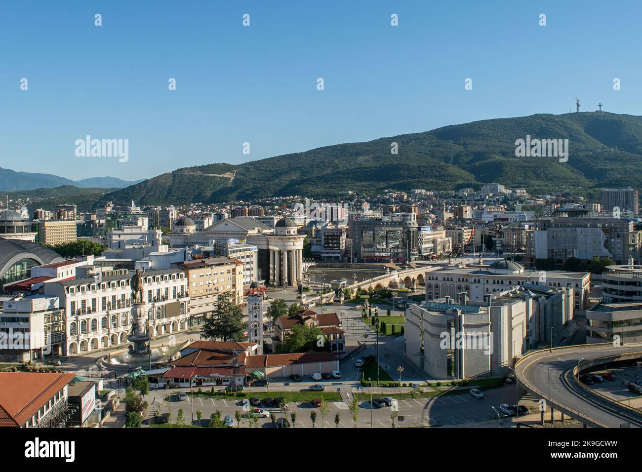 An elevated landscape view of the city of Skopje, capital of North
