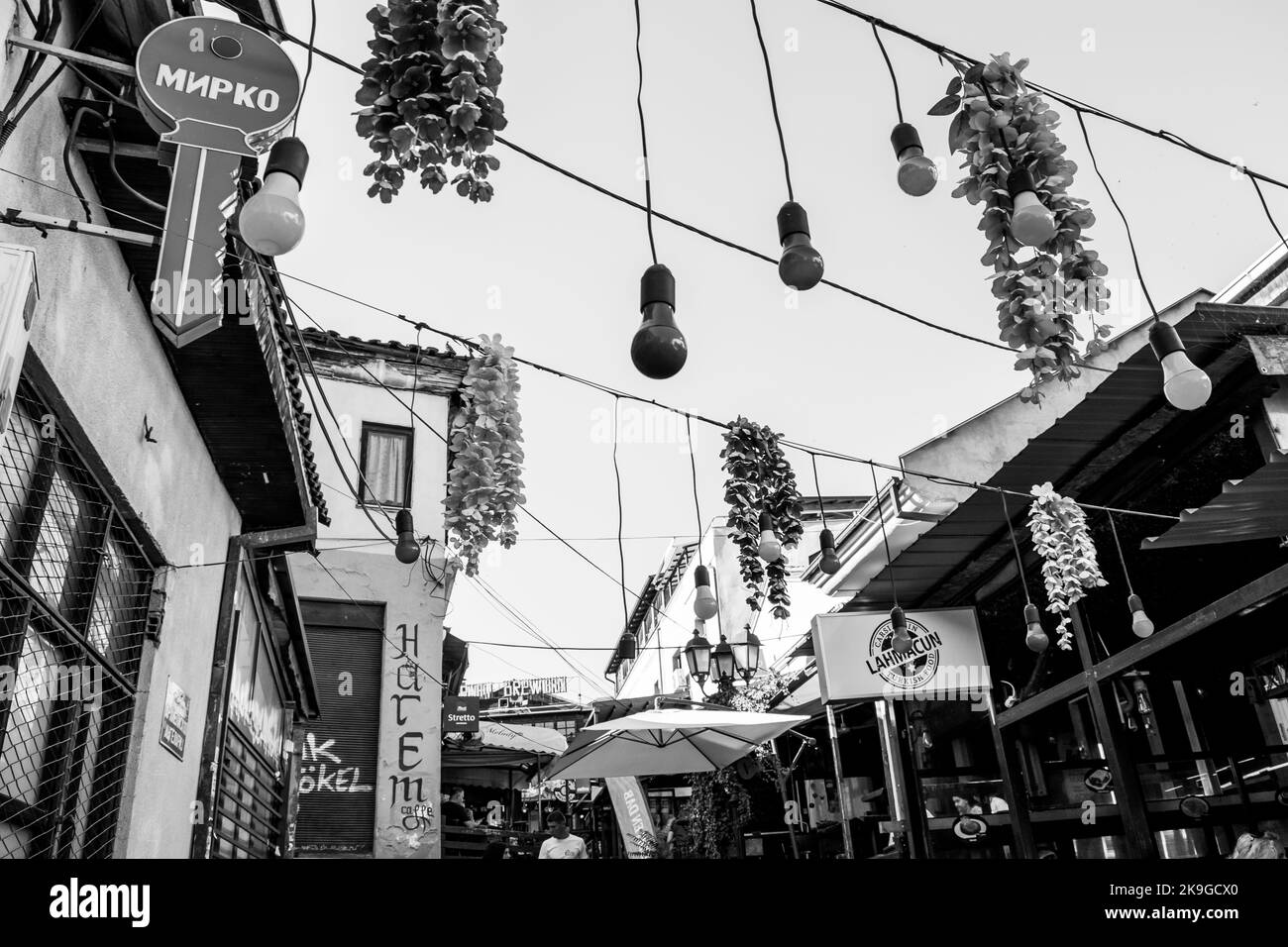 Shops and streets in the Old Bazaar section of Skopje, North Macedonia