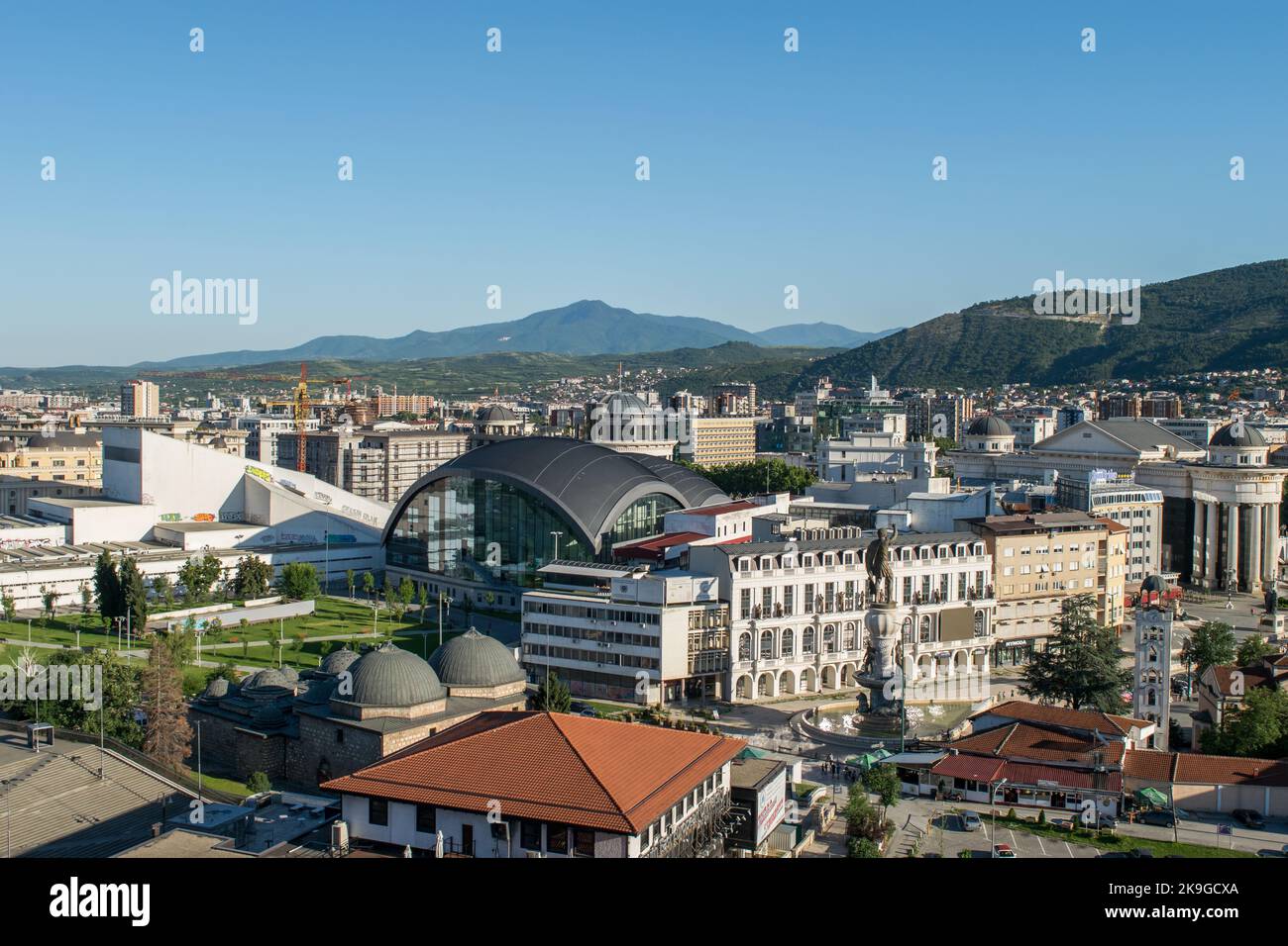 An elevated landscape view of the city of Skopje, capital of North