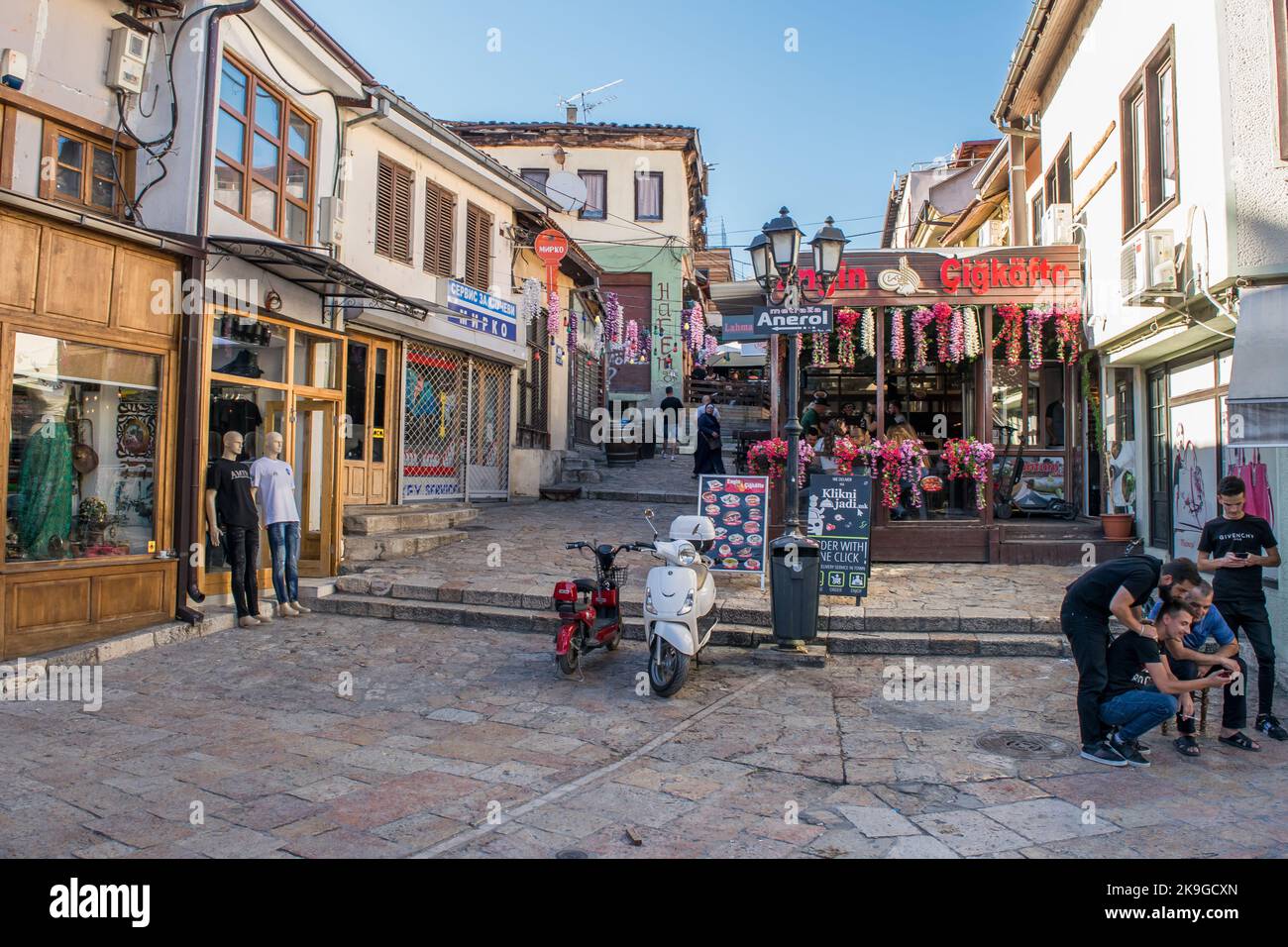 Shops and streets in the Old Bazaar section of Skopje, North Macedonia ...