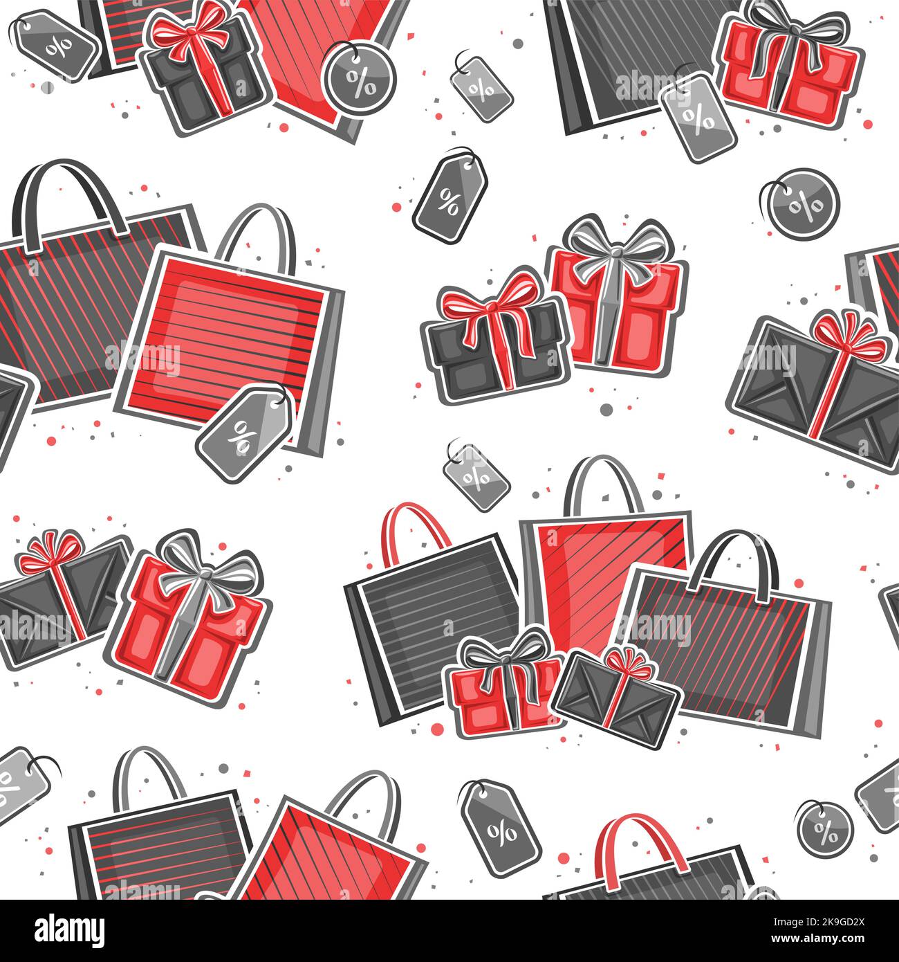 Vector Black Friday seamless pattern, square repeating background with illustrations of red paper bags, gift boxes and decorative price tags on white Stock Vector