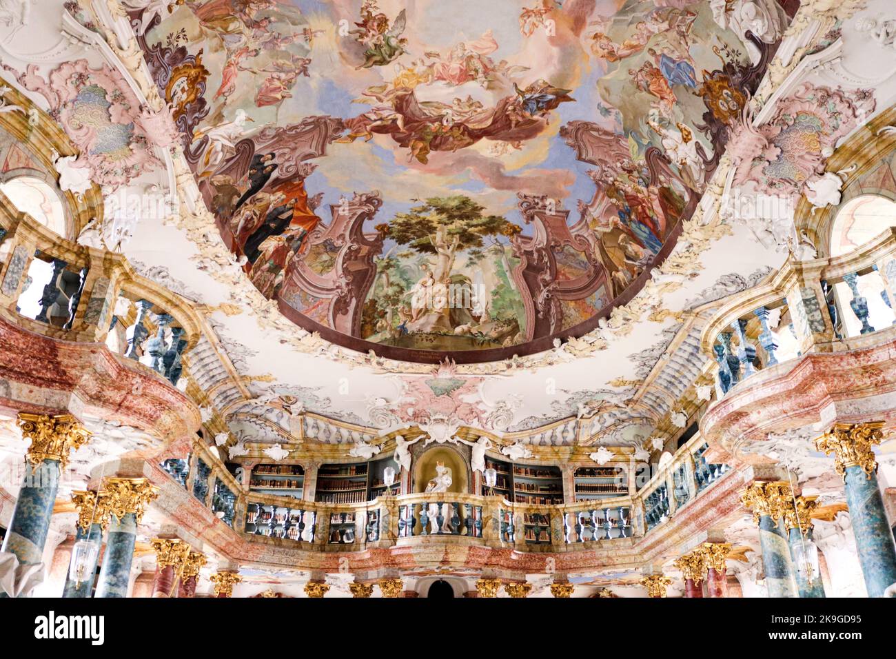 A Rococo and Baroque decorations of the library in Wiblingen Abbey, near Ulm city, by architects Christian and Johann Wiedemann, 18th century. Stock Photo