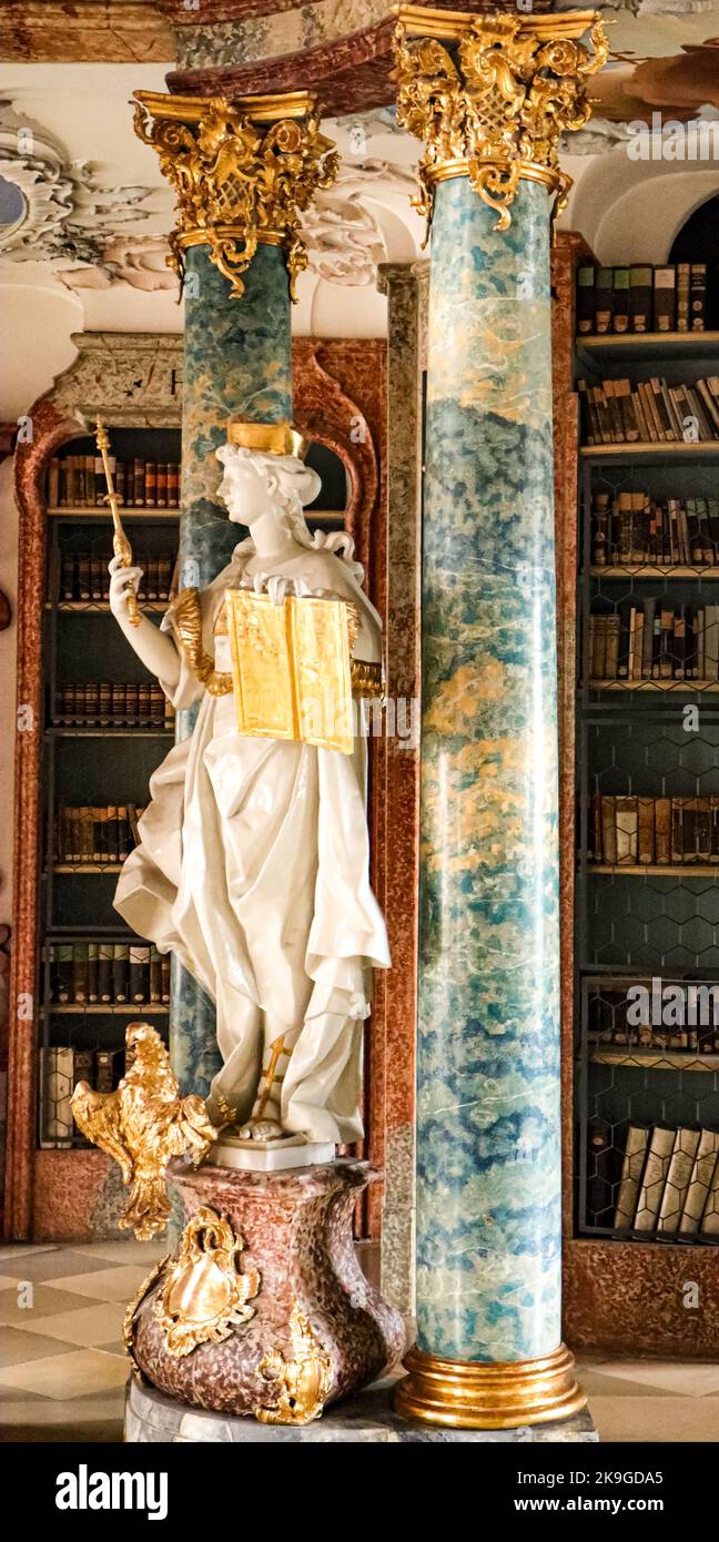 A Rococo and Baroque decorations of the library in Wiblingen Abbey, near Ulm city, by architects Christian and Johann Wiedemann, 18th century. Stock Photo