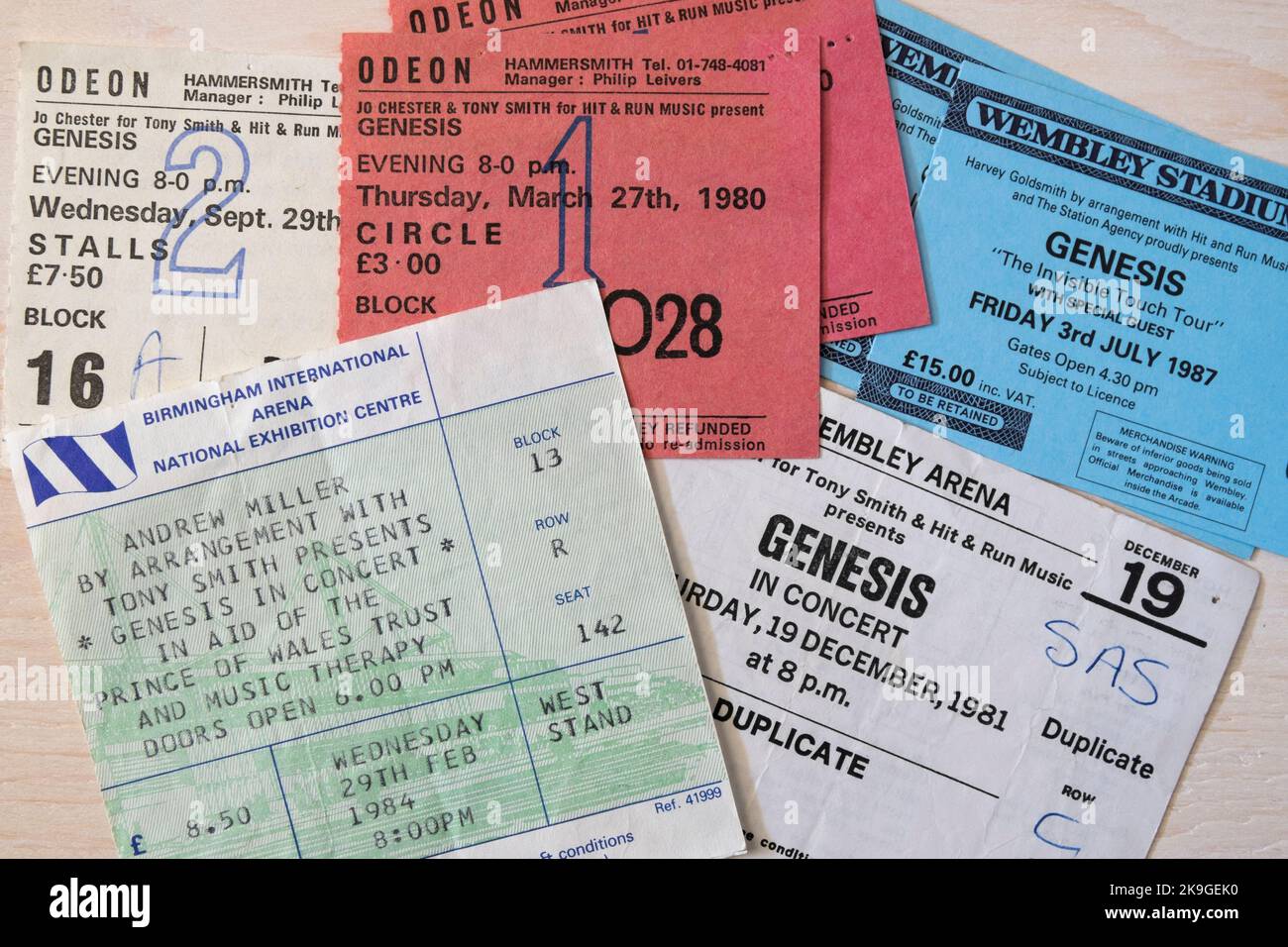 Ticket stubs for Genesis concerts at Birmingham NEC, Hammersmith Odeon