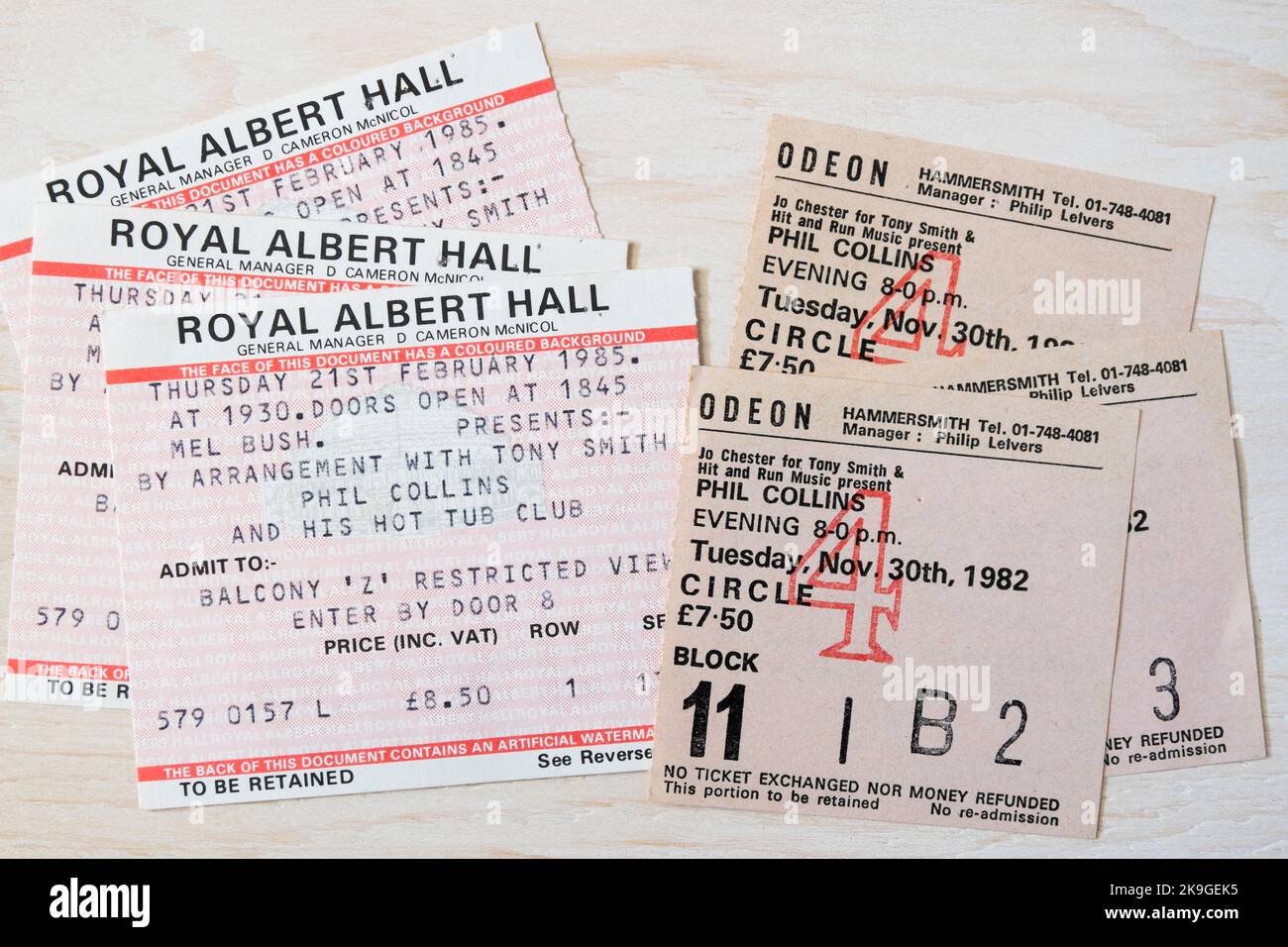 Ticket stubs for Phil Collins  concerts at Hammersmith Odeon in 1982 & The Royal Albert Hall in 1985 London, UK Stock Photo