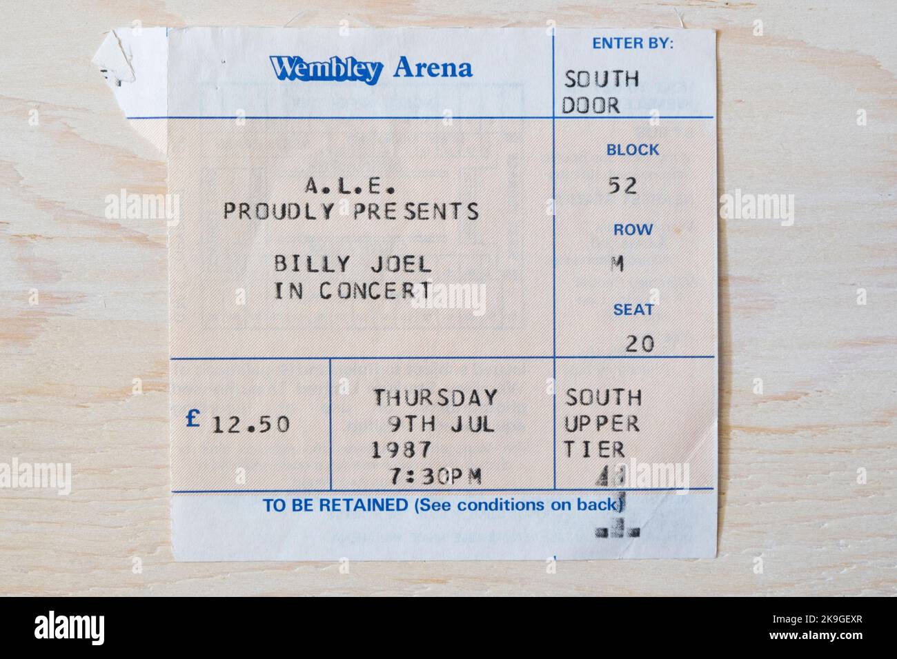 Concert ticket stubs for Billy Joel on the 9th July 1987 at Wembley