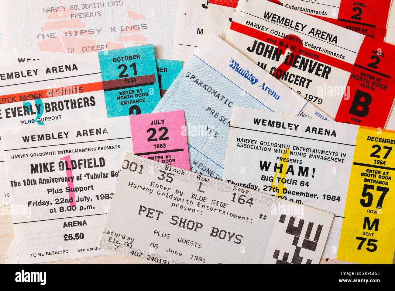 Ticket stubs for John Denver, The Everly Brothers, Wham, Mike Oldfield