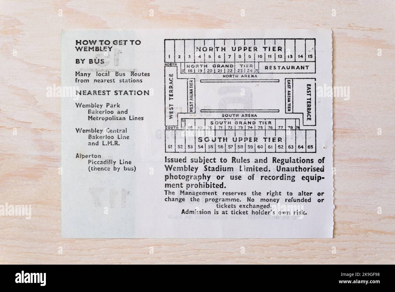 The reverse side a ticket stub showing the layout of seating for the Skol 6 Day Cycle Race, an indoor track cycling event in the 1970s & 1980s at Wemb Stock Photo