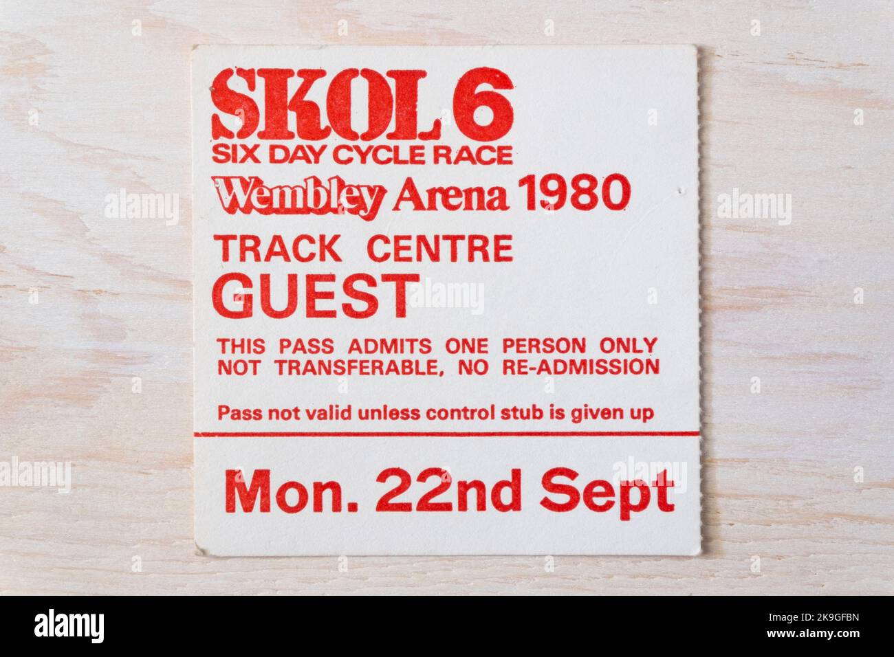 Ticket stub for the Skol 6 Day Cycle Race, an indoor track cycling event with different types of races throughout the week in the 1970s & 1980s at Wem Stock Photo