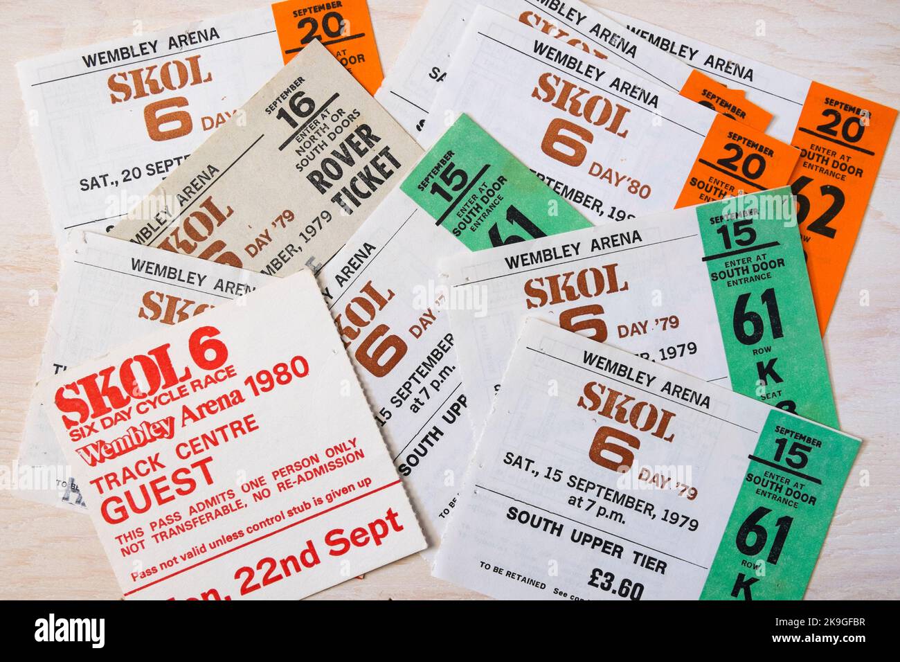 Ticket stubs for the Skol 6 Day Cycle Race, an indoor track cycling event with different types of races throughout the week in the 1970s & 1980s at We Stock Photo