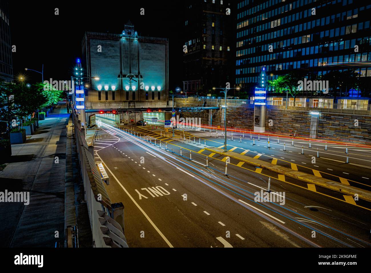 The Hugh L.Carey Tunnel in New York at night with long exposure street