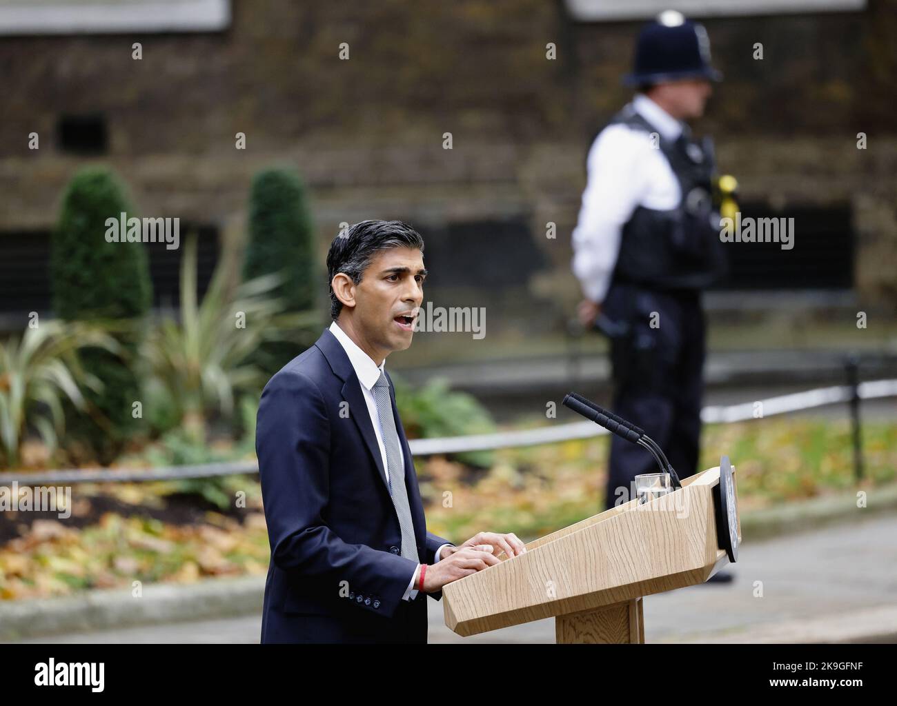 England, London, Westminster, 25th October 2022, New Prime Minister Rishi Sunak speaking in Downing Street as he takes over from Liz Truss. Stock Photo