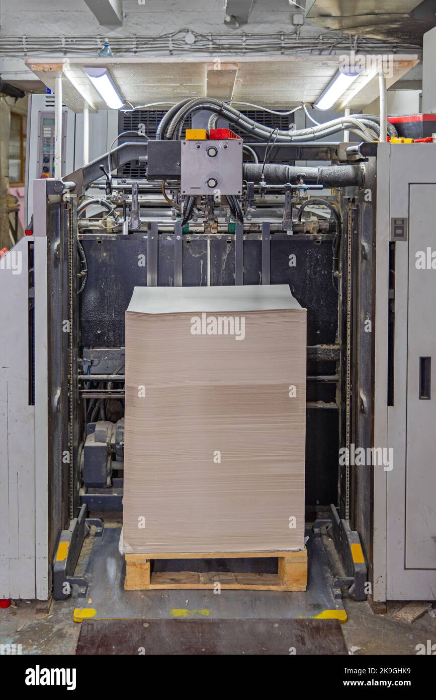 Loading Pallet of Sheet Paper in Offset Printing Machine Stock Photo