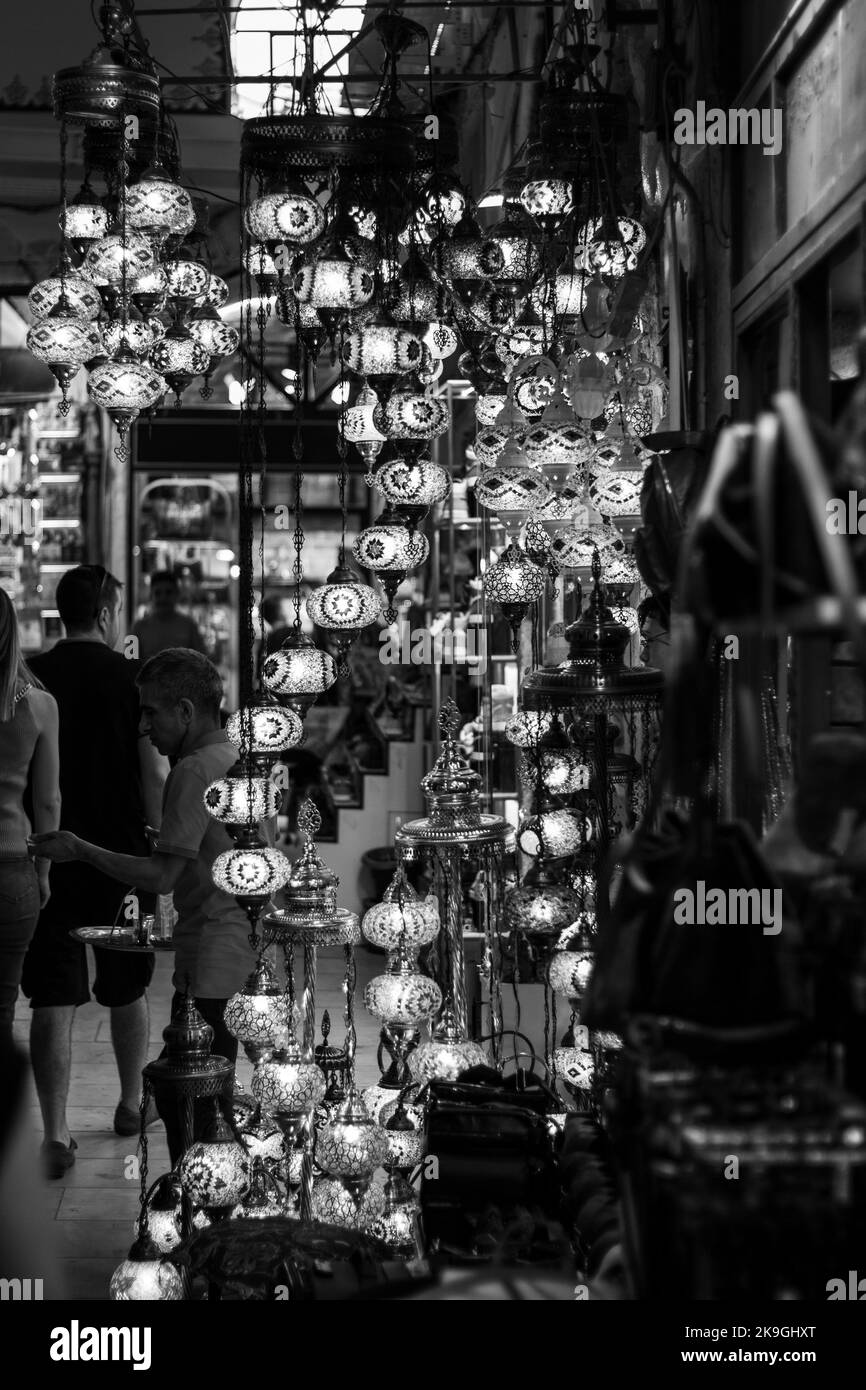 A black and white of the lanterns in the Great Bazaar in Istanbul, Turkey. Stock Photo