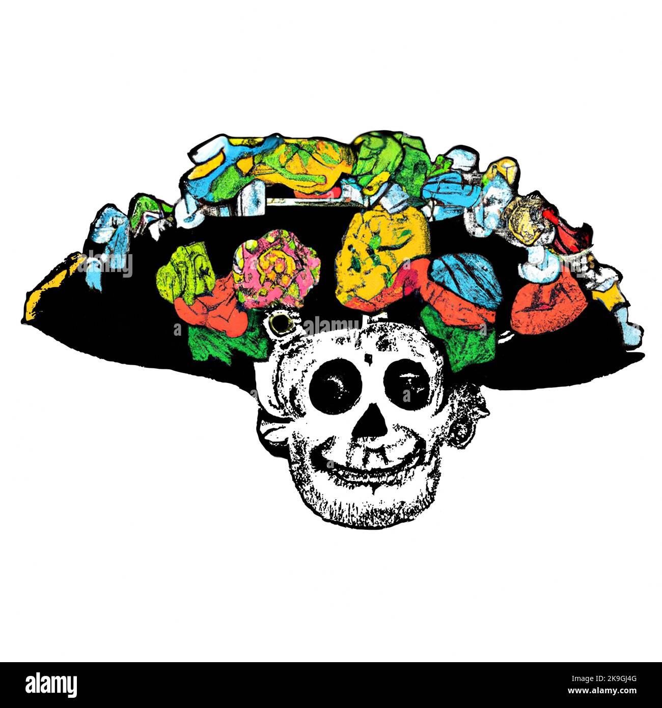 Color with bright Mexican fiesta. Pirate Skull with a fedora, wide brim hat, covered in bright flowers. Fiesta mode drawing. Halloween pirate Stock Vector
